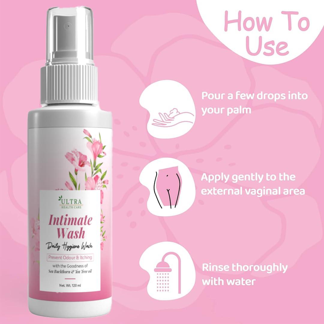 Ultra Health care Intimate wash for women |clean ,dry And hygeine wash | Helps to maintain Ph Balance |Prevents Odour & Infections, Safe During Pregnancy-120ML