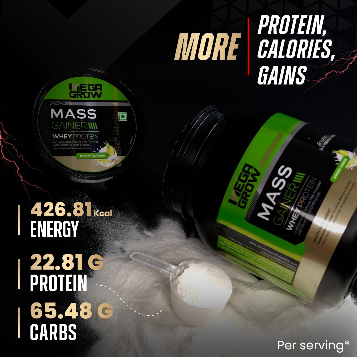 MEGAGROW Megagrow Mass Gainer 1kg Banana Flavor High Calorie Whey Protein Powder for Muscle Growth & Muscle Buidling Pre/Post Workout Supplement for Men & Women - Total 10 Servings