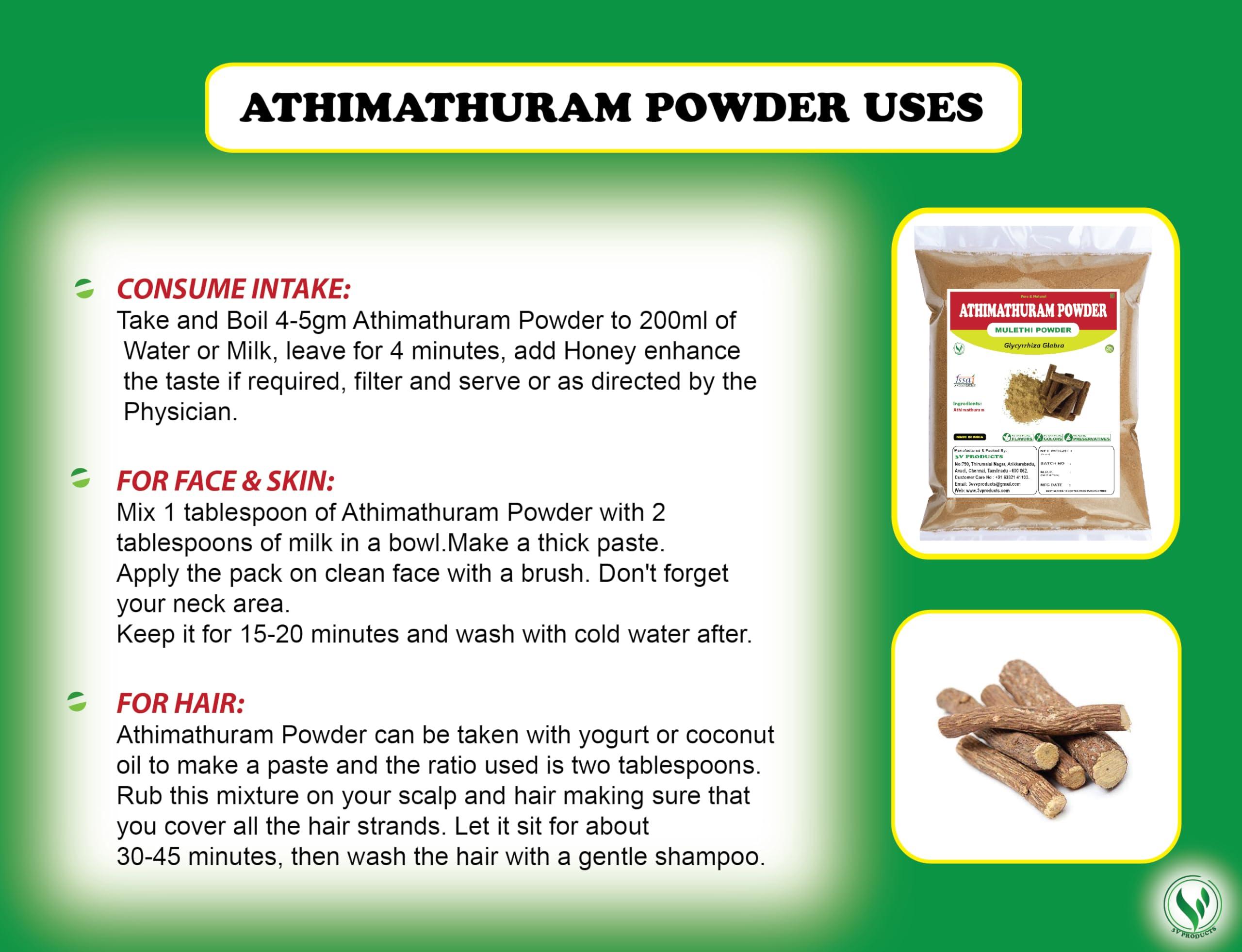 3V PRODUCTS Athimathuram Powder 200g | Mulethi | Licorice | Glycyrrhiza Glabra (Pack of 2x100g)