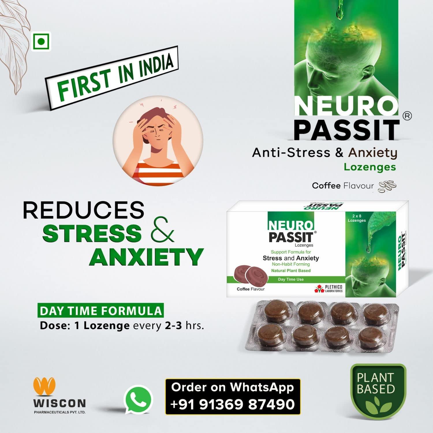 Wiscon Neuropassit Lozenges | 48 lozenges Helps in Reduces Stress and Anxiety | Ayurvedic Natural herbal Plant based | day time Formula | Buccal absorption | coffee flavour| non drowsy antistress | brain tonic | jyotishmati | Brahmi | tagar | Amla