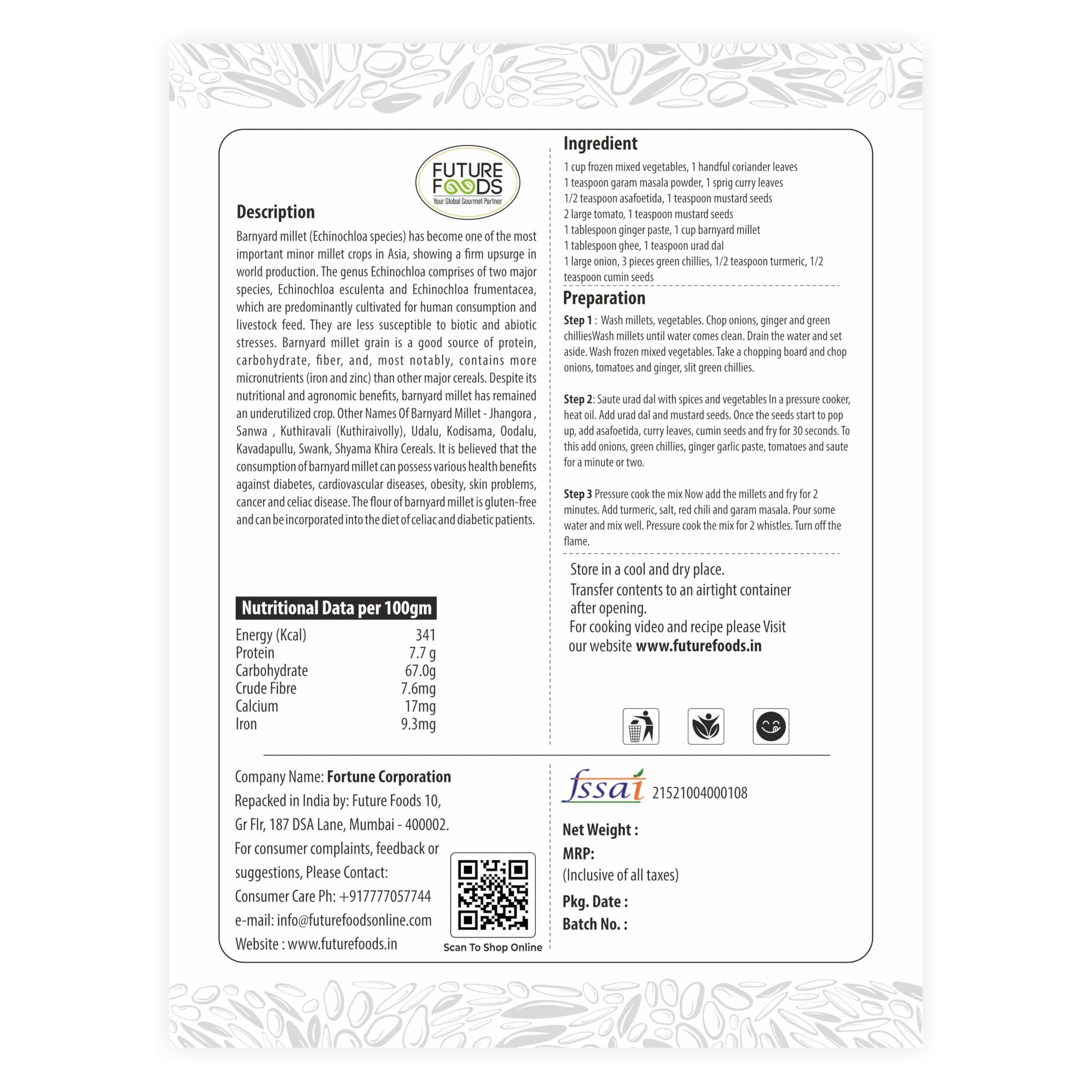 Future Foods Future Foods Premium Barnyard Millet | Jhangora/Sanwa | Gluten Free | Good Source of Protein & Fiber | With More Iron & Zinc Content | Ideal for Celiac & Diabetes Patients | 450g