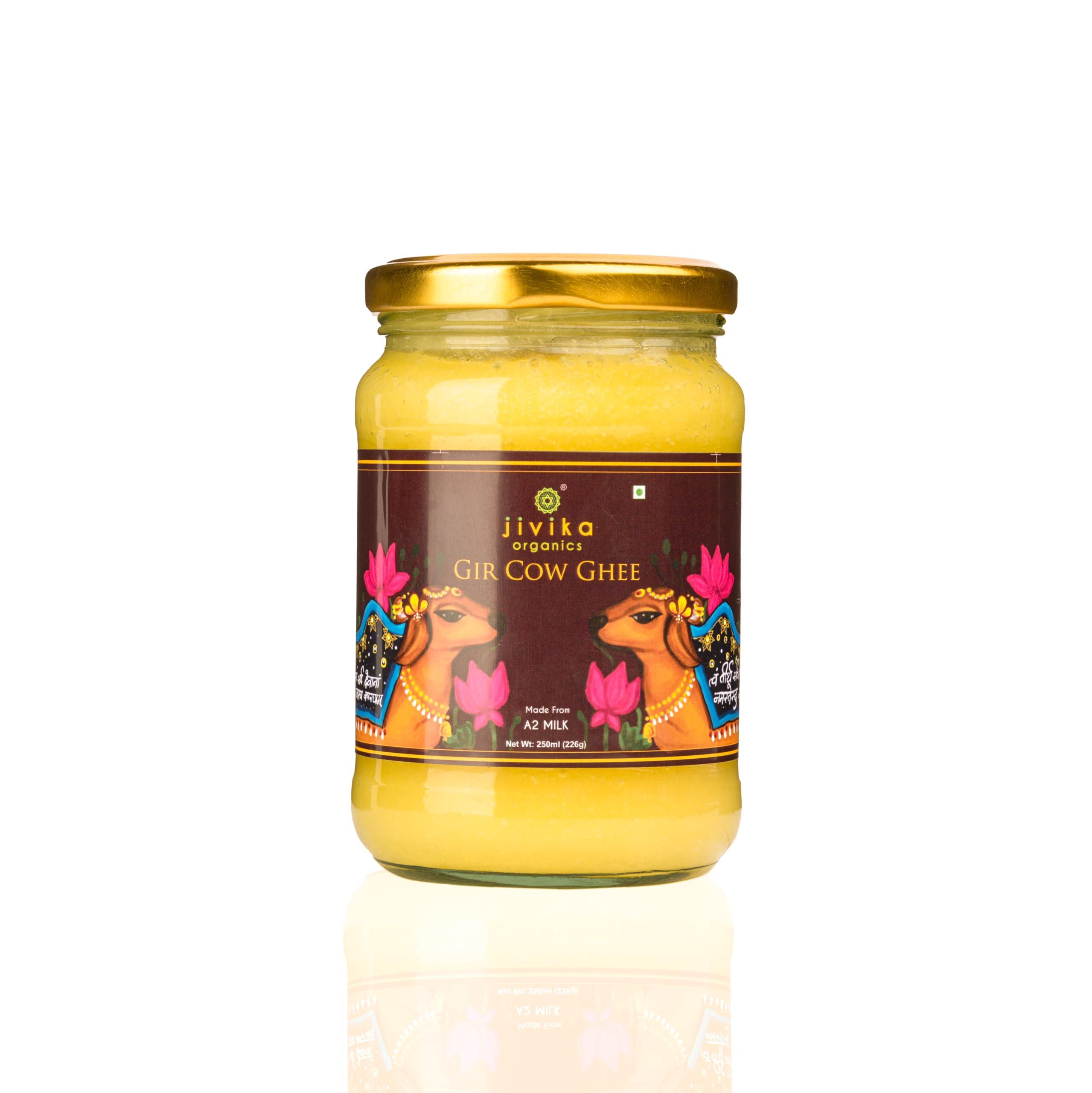 JIVIKA NATURALS Jivika Premium A2 Gir Cow Ghee 250ml | Vedic Bilona Method | Lab Tested | Pure Desi Cow Ghee | Hand Churned Two-way Direction | Churned from Curd | Pure Ghee | Danedar | Glass Jar