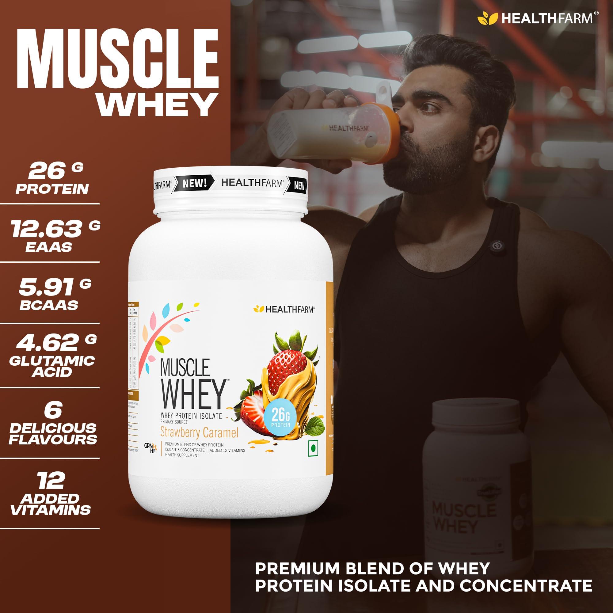 HEALTHFARM HEALTHFARM Muscle Whey Protein, Lab Tested For Purity| Zero Banned Substance (Strawberry Caramel, 1Kg)