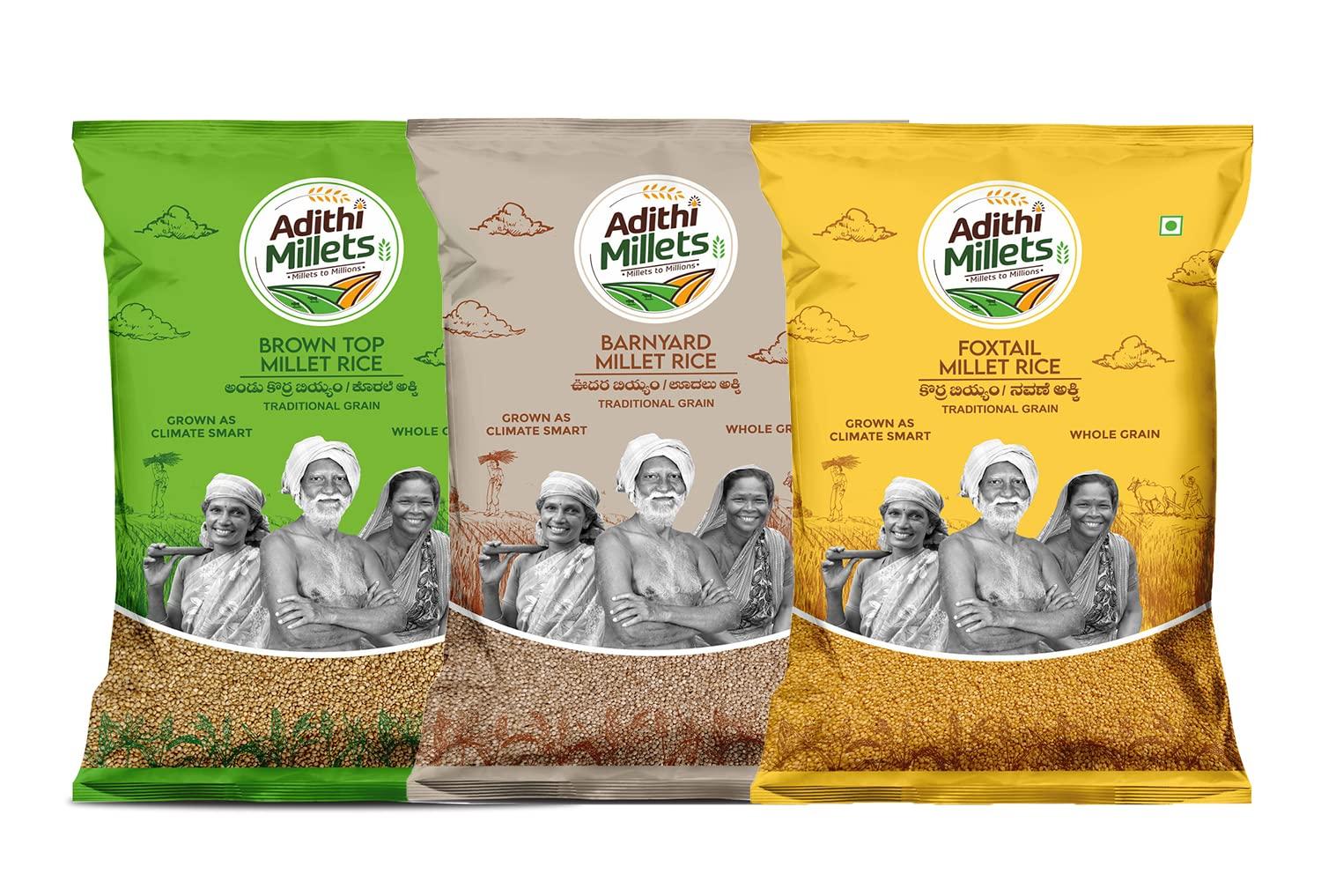 Adithi Millets Siridhanya 1.5kg BrownTop,Foxtail&Barnyard Milet 3packs 500gms whole grains organic Combo pack unpolished Siridhanya Millets Rice