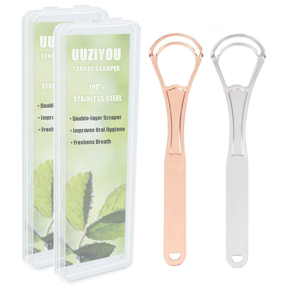UUZIYOU Stainless Steel Tongue Scraper Cleaner, 2 Pack Fresh Breath Tongue Cleaner for Adults, Kids, Men and Women, Surgical Grade Metal Scraper for Healty Oral Care, Bad Breath Cure (with 2 Travel Cases)