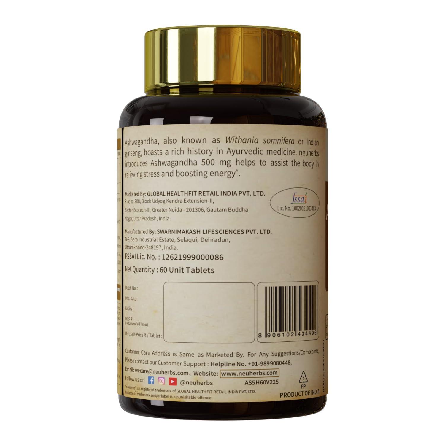 Neuherbs Neuherbs Ashwagandha Tablets 500 mg for Men & Women (60 tablets) | Rich In Antioxidant | Boost Energy, Reduce Stress, Better Absorption & Support Sleep Cycle | Promote Overall Health