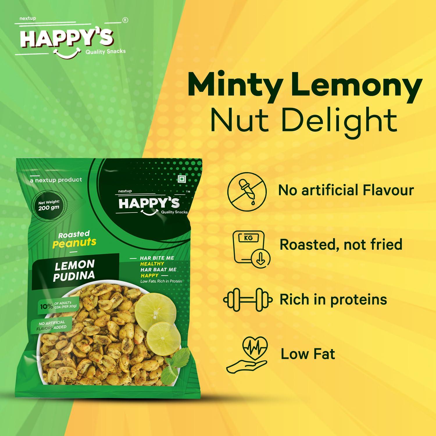 NEXT UP HAPPYS Happy\'s Roasted Peanuts, 200 gm| Pack of 2| Lemon Pudina Peanuts| Low Fat| Rich in Protein| Roasted, not Fried| No Artificial Flavors| Healthy Snack for Anytime Snacking|