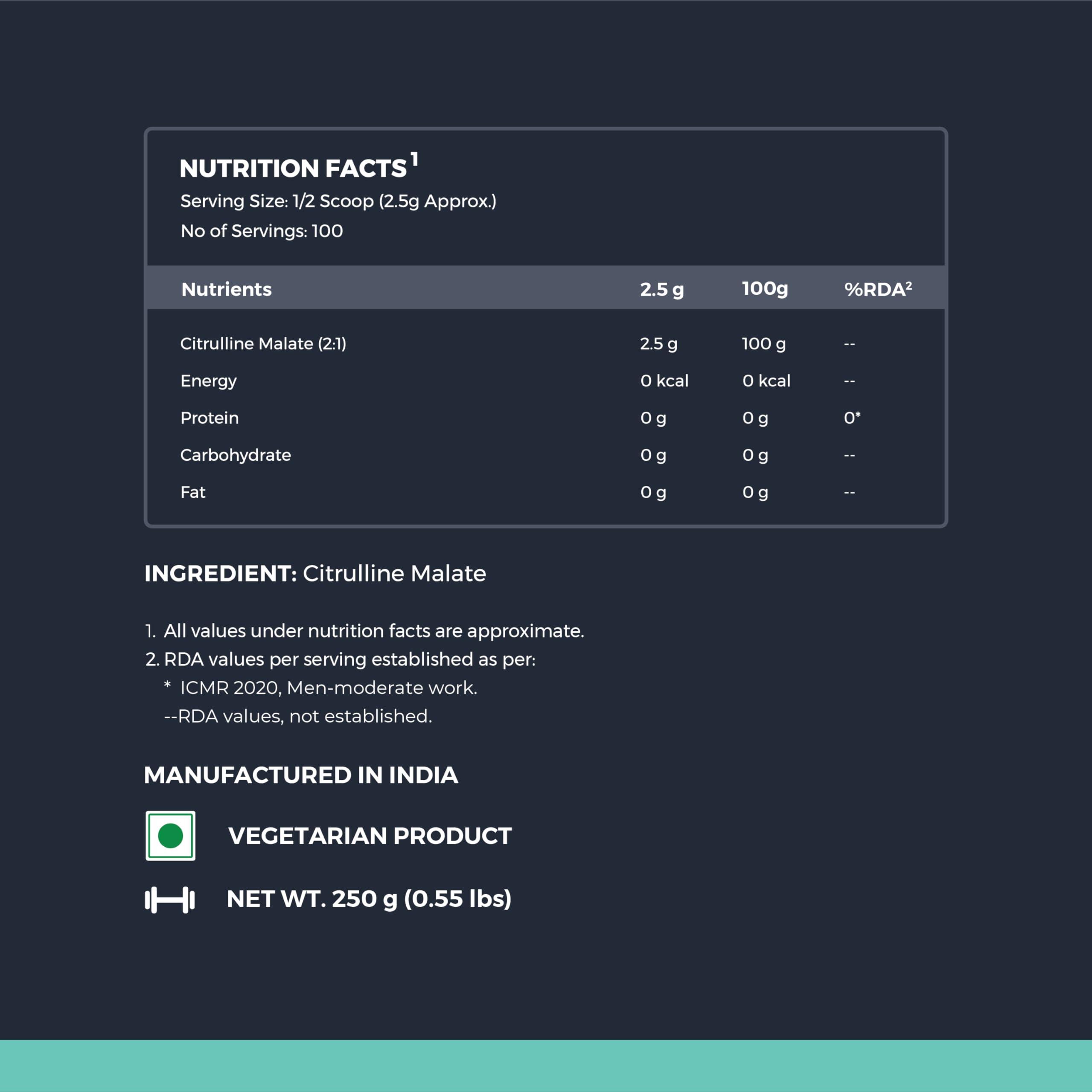Nutrabay Nutrabay Pure 100% Citrulline Malate Powder - Boosts Nitric Oxide, Pre Workout supplement for Men & Women - 250g Unflavoured