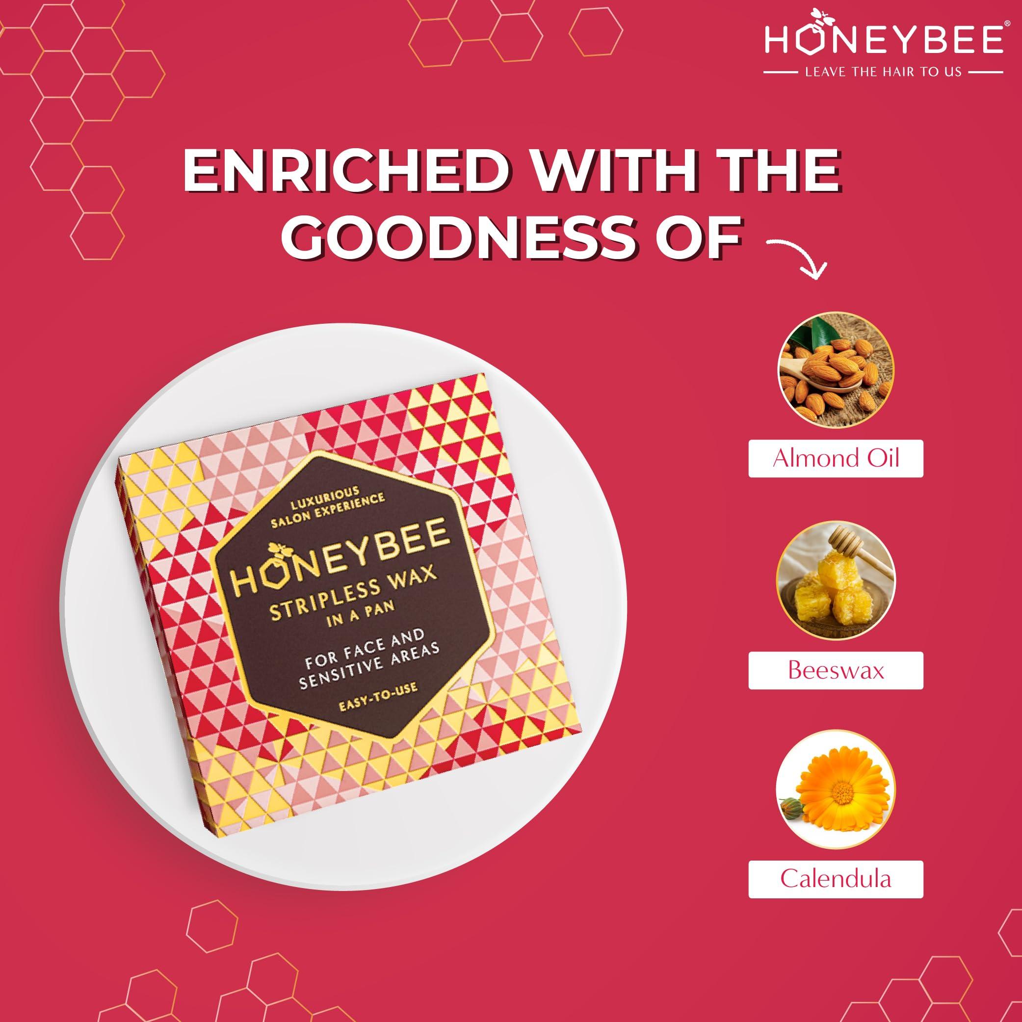 HoneyBee HoneyBee Stripless Katori Wax For Face|Pan Wax With Handle For Face, Upper Lip, Chin, Jaw, Underarms, Bikini And Brazilian|For All Skin Type|No-Strip Wax At Home|Post Wax Wipes|Spatula|120 Gm, Women