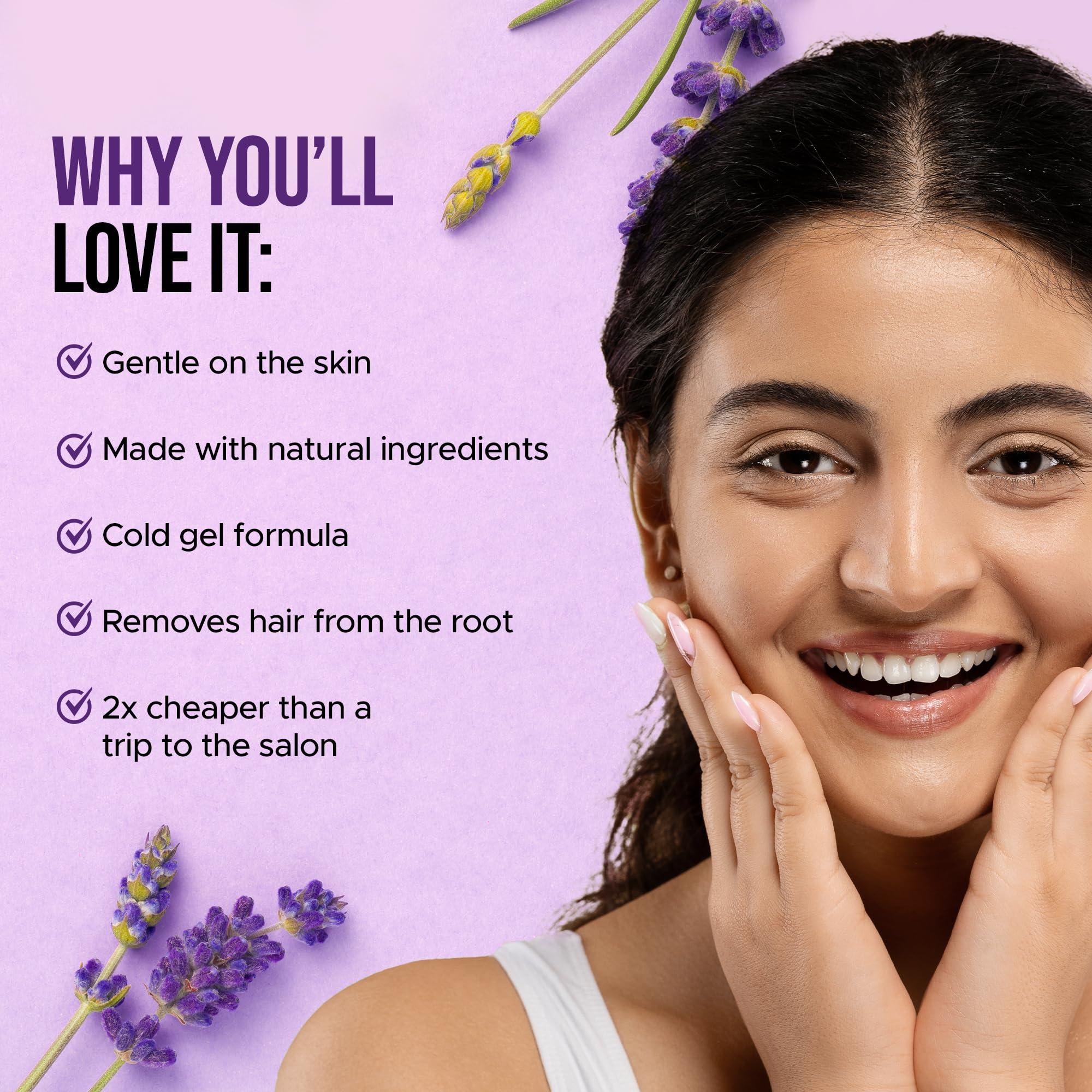 Hilary Rhoda Hilary Rhoda One Go Facial Wax Strips | Ready-To-Use Facial Wax Strips | Face, Cheek, Upper Lip & Chin Facial Wax | Painless Hair Removal | With 2 Finish Wipes | 20 Strips (Lavender)