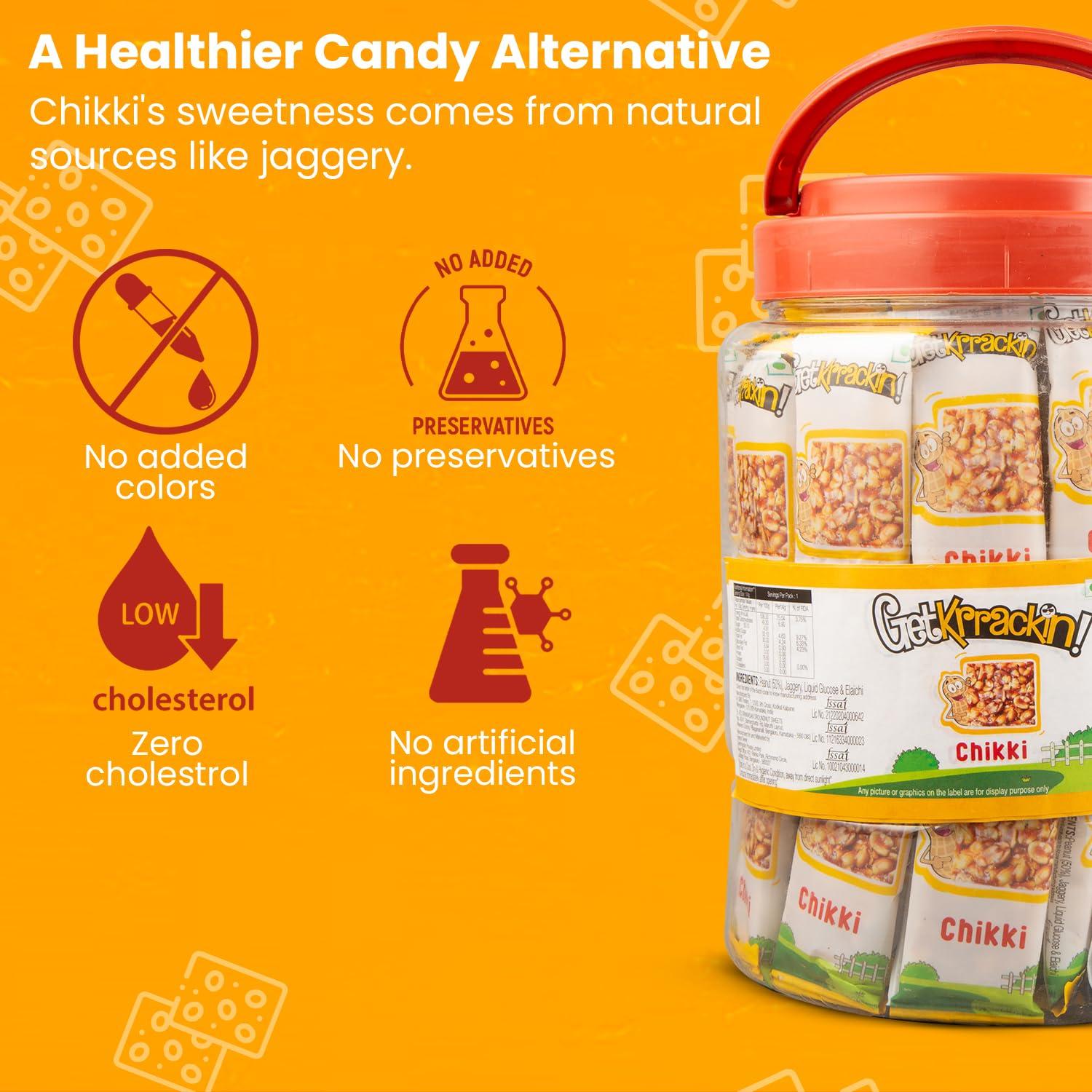 GetKrrackin! GetKrrackin! Peanut Chikki Jar | Pack Of 72 Pcs - 15 Gram Each | No Added Colors Or Preservatives | Crunchy Peanut Bar With Jaggery | Gajak, Gazak | Indian Sweets & Snacks