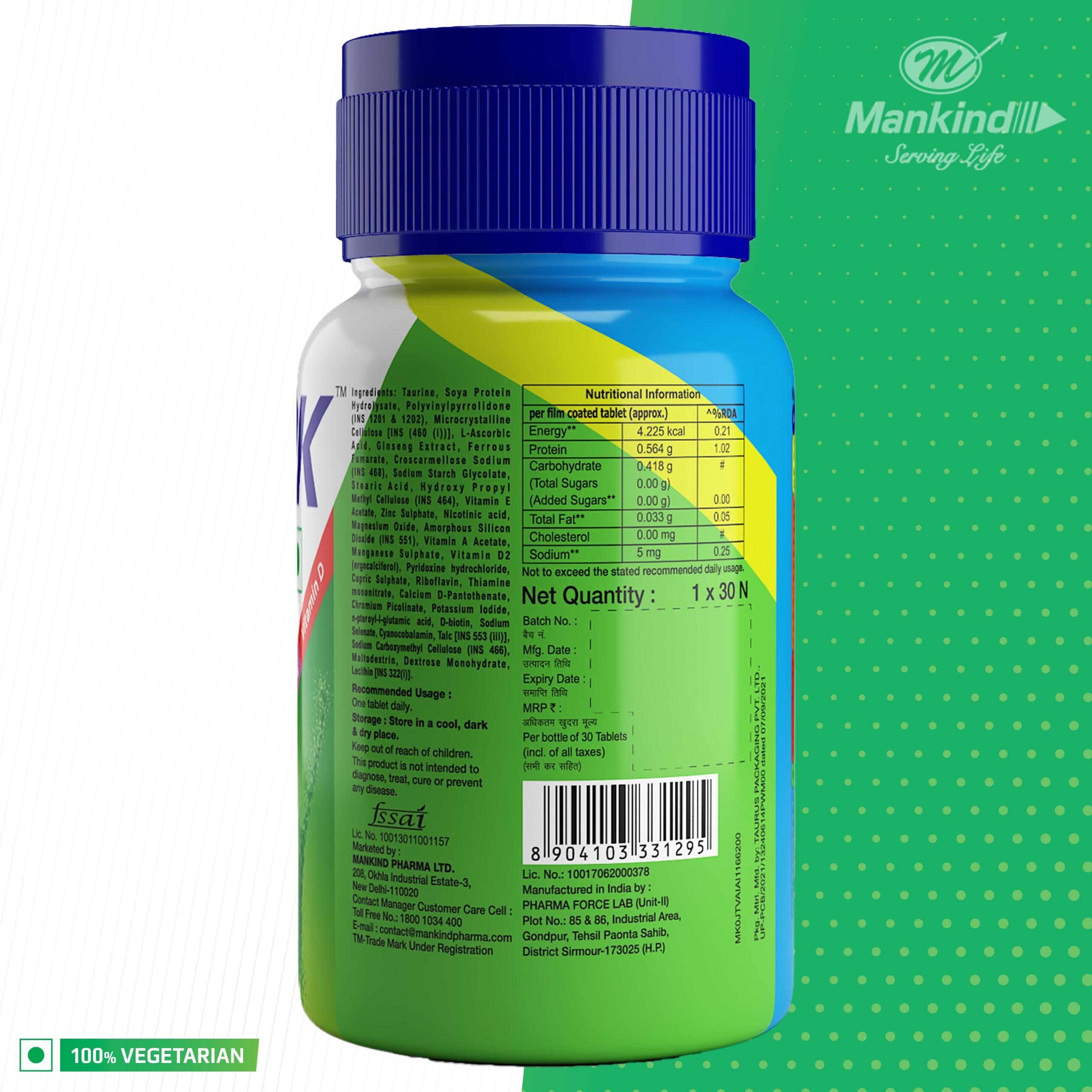 Health Ok Health OK Multivitamin with Natural Ginseng, Taurine power, Daily Energy, alertness, Vitamin D, C & other 18 multivitamins minerals, for Overall Health, 30 Tablets (Veg) x Pack of 2