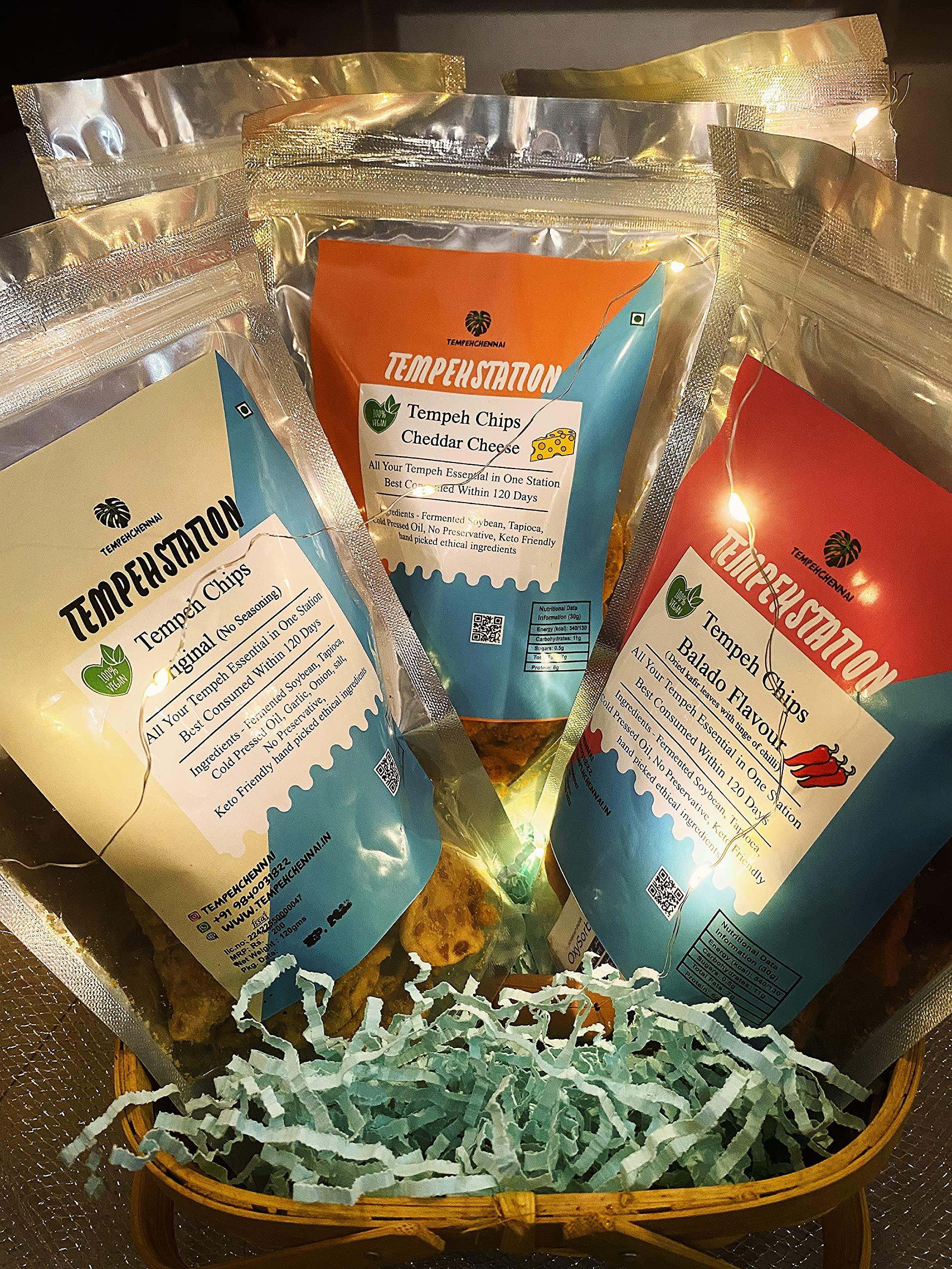 TEMPEHCHENNAI Gourment Delight Diwali Gift Hamper Celebration Gift Snacks Combo Box |Tempeh Chips 5 Packs + Light + Card + 1 Diya | Healthy No Junk Food | 100% Vegetarian | for Family, Friends, Corporate