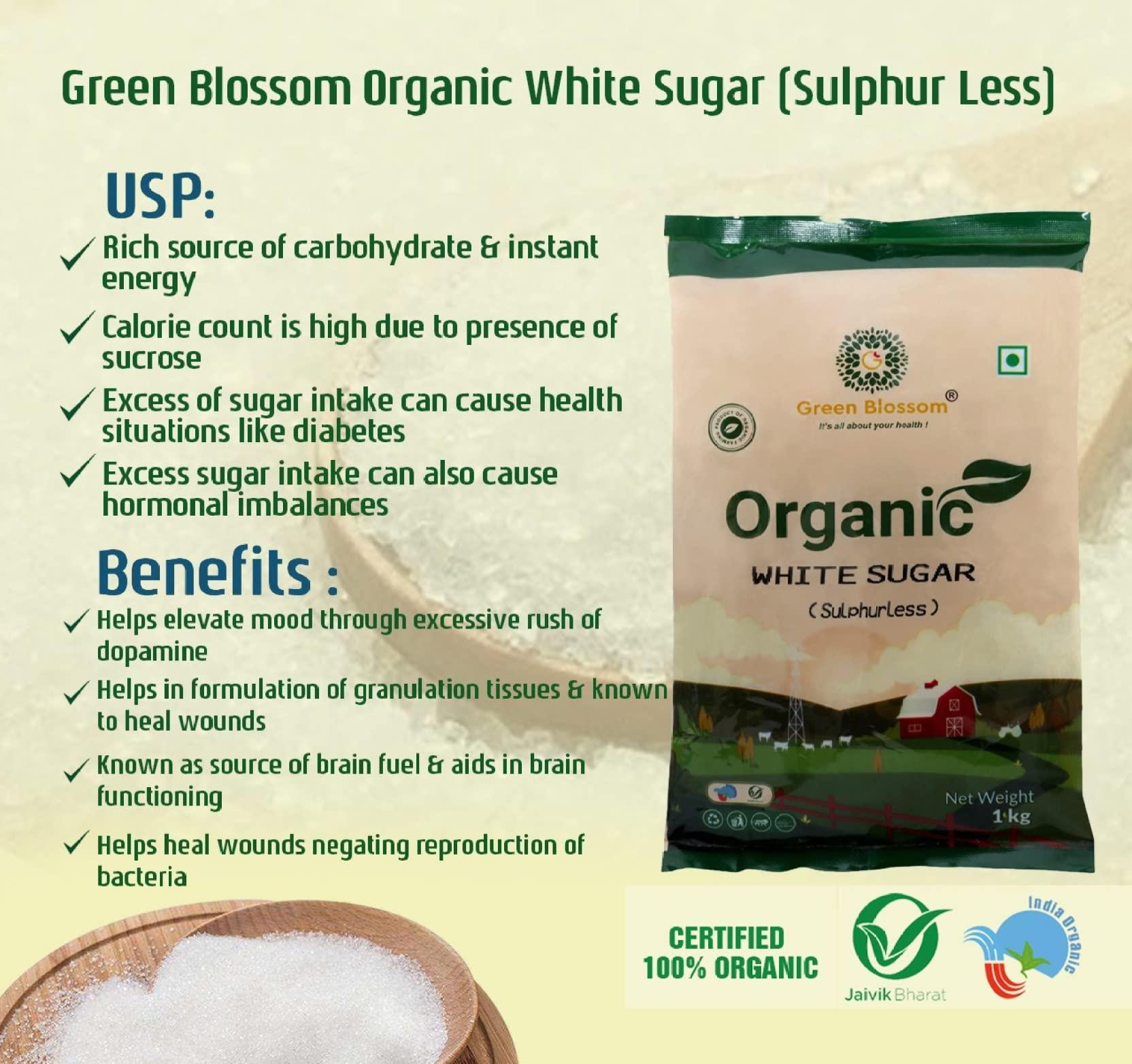 GREEN BLOSSOM Green Blossom Organic White Sugar - 1Kg (Pack of 1) || Organic Sugar || Organically Processed || Sugarcane Sugar || Sulphurless Sugar II 100% Vegan