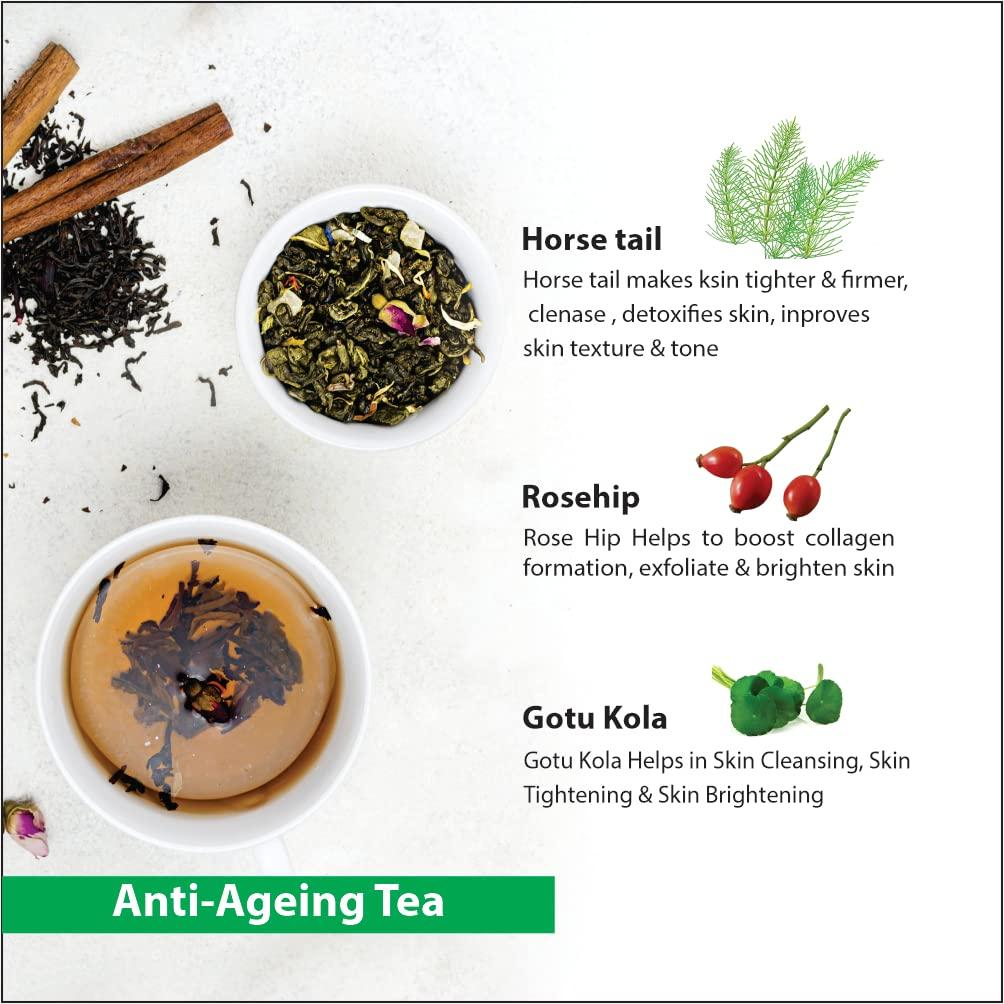 Tea Aroma - Making tea a healthy habit ! Tea Aroma - Anti Ageing Tea - Caffeine Free Tea With 12 Powerful herbs helps in Skin Tightening, Skin Glow, Hair Strengthening - Rich in Antioxidants - 50 g