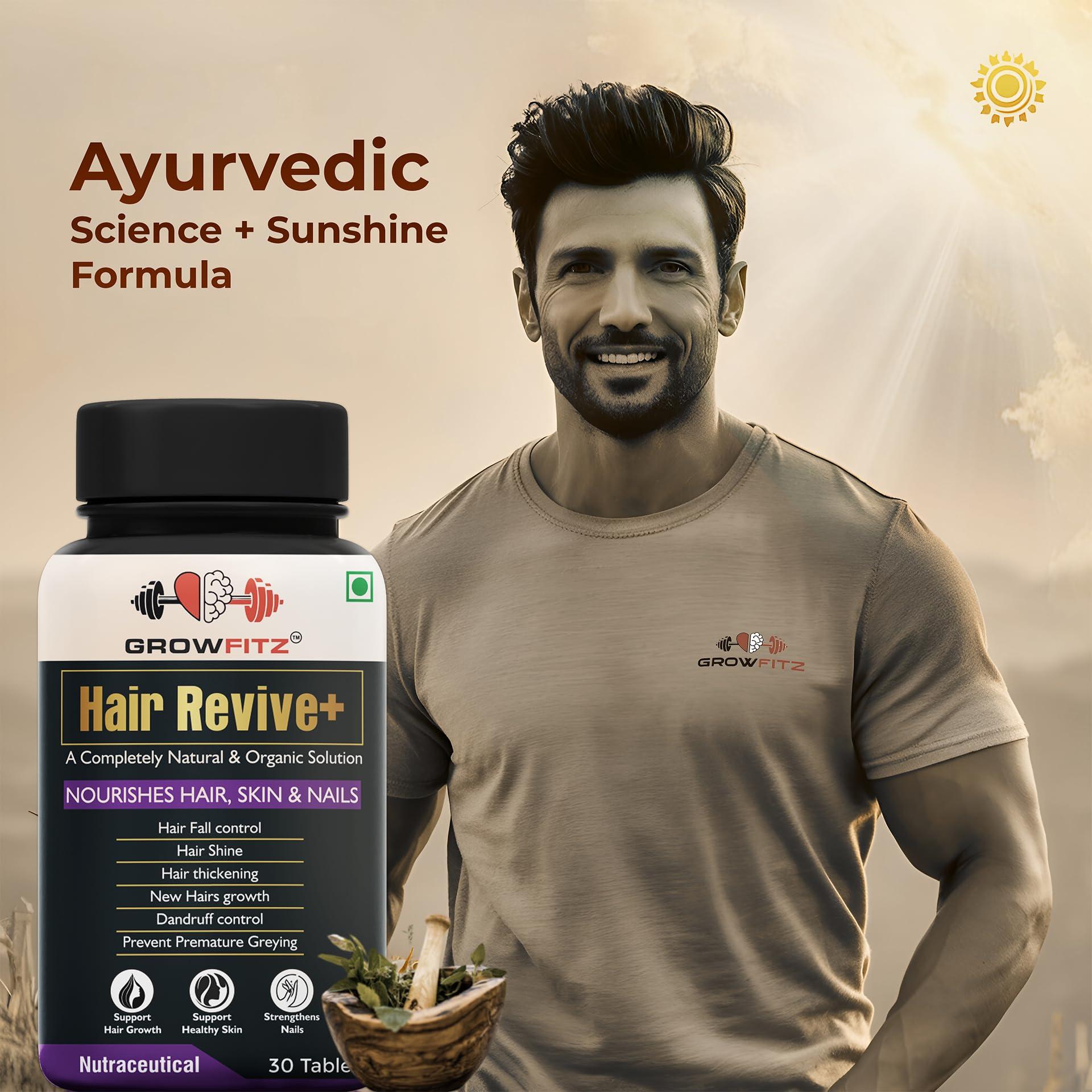 GROWFITZ Growfitz Hair Revive+ | Ayurvedic & 100% Natural | Hair Growth, Skin, Nails | For Men & Women - 30 veg tablets