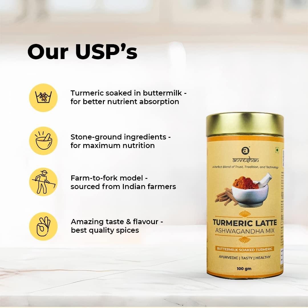 Anveshan Empowering farmers with technology Anveshan Turmeric Latte 100g | Healthy Ayurvedic Remedy with Ashwagandha Mix for Golden Milk | Haldi Mix.