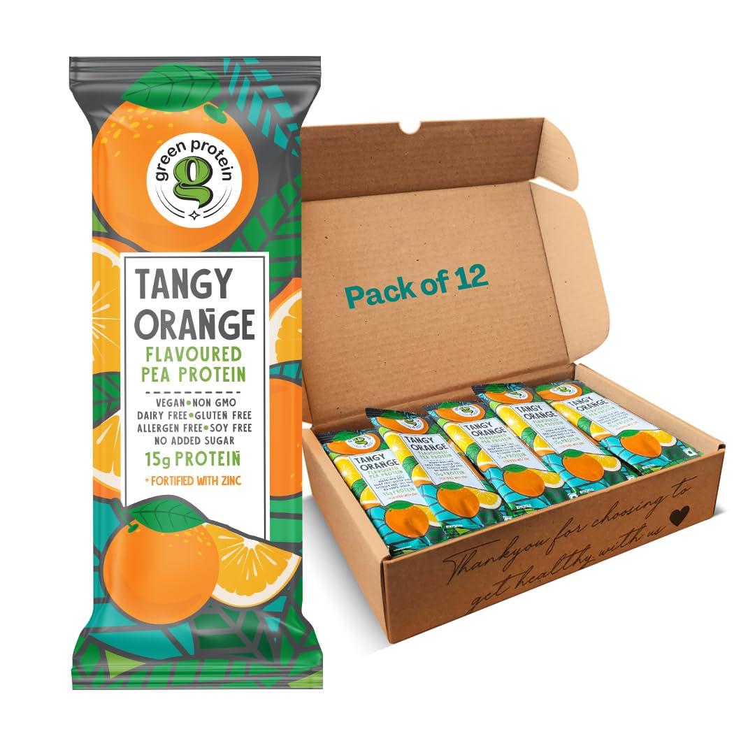 Green Protein GREEN PROTEIN Vegan Plant Pea Protein Isolate Powder, 15gm Protein Per Serving, No Added Sugar, 100% Vegan, Soy Free, Dairy Free, Gluten Free, Allergen Free, Orange Flavor, Pack Of 12, 23 gm each