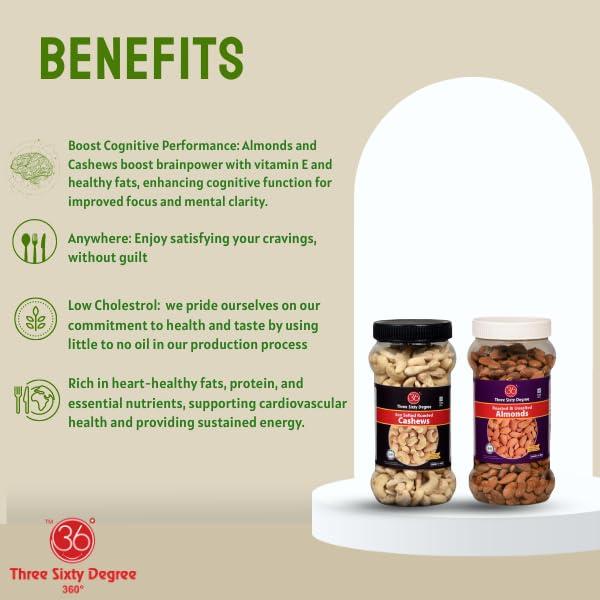 360 Three Sixty Degree 360 Three Sixty Degree Roasted Whole Unsalted Cashews + Salted Almonds 1 K.g (500 Grams x 2) JAR COMBO | Crunchy Badam | Crunchy Kaju | Protein Rich Nutritious and Super Tasty