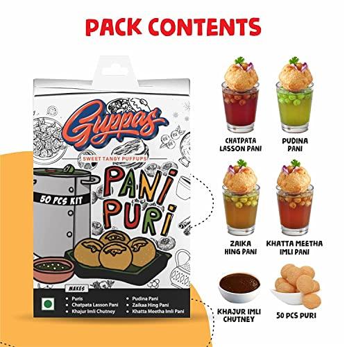Guppas Guppas Pani Puri with 4 Pani Masala and Imli Chutney | Ready in 5mins 50 pcs | Easy to Make Pani Puri at Home | hygienic Street Style Indian paani Puri | Kids Love pani Puri , 285gms (Pack of 2)