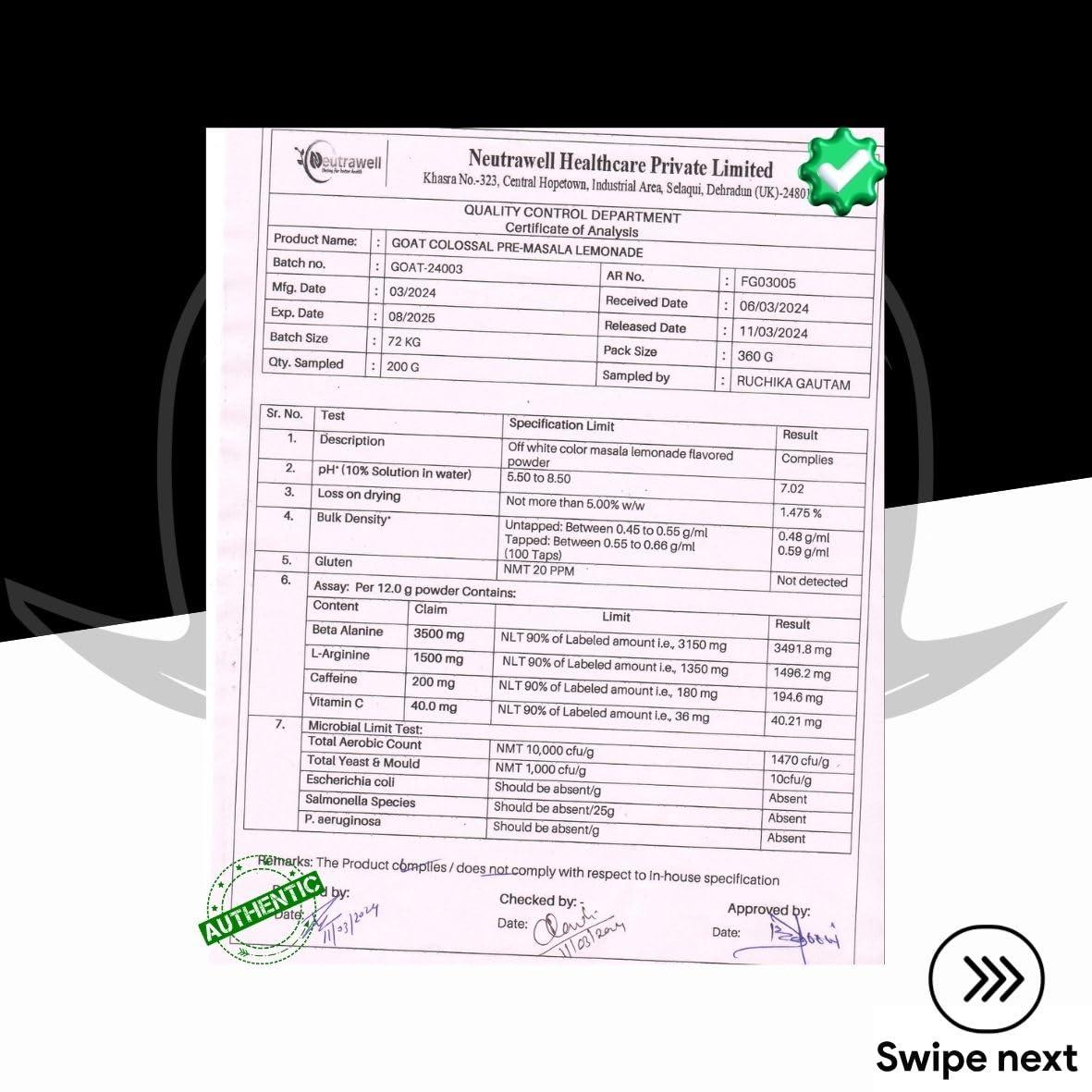 G.O.A.T Fit G.O.A.T Fit Colossal Pre | PreWorkout Powder (Masala Lemonade, 360gm - 30 Servings) 200mg Caffeine 3.5g Beta-Alanine 3g Citrulline 1.5g Arginine 1g Creatine with Himalayan Pink Salt