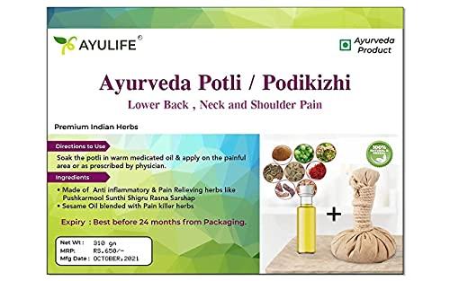 Ayulife Ayulife Ayurveda Potli Massage and Ayurveda Pain Relief Oil Combo Pack, Easy to use, Kit usable for 20 massages Suited for Pain in Lower Back, Neck, Cervical, Sciatica, Lumber (Weight 265 gram)
