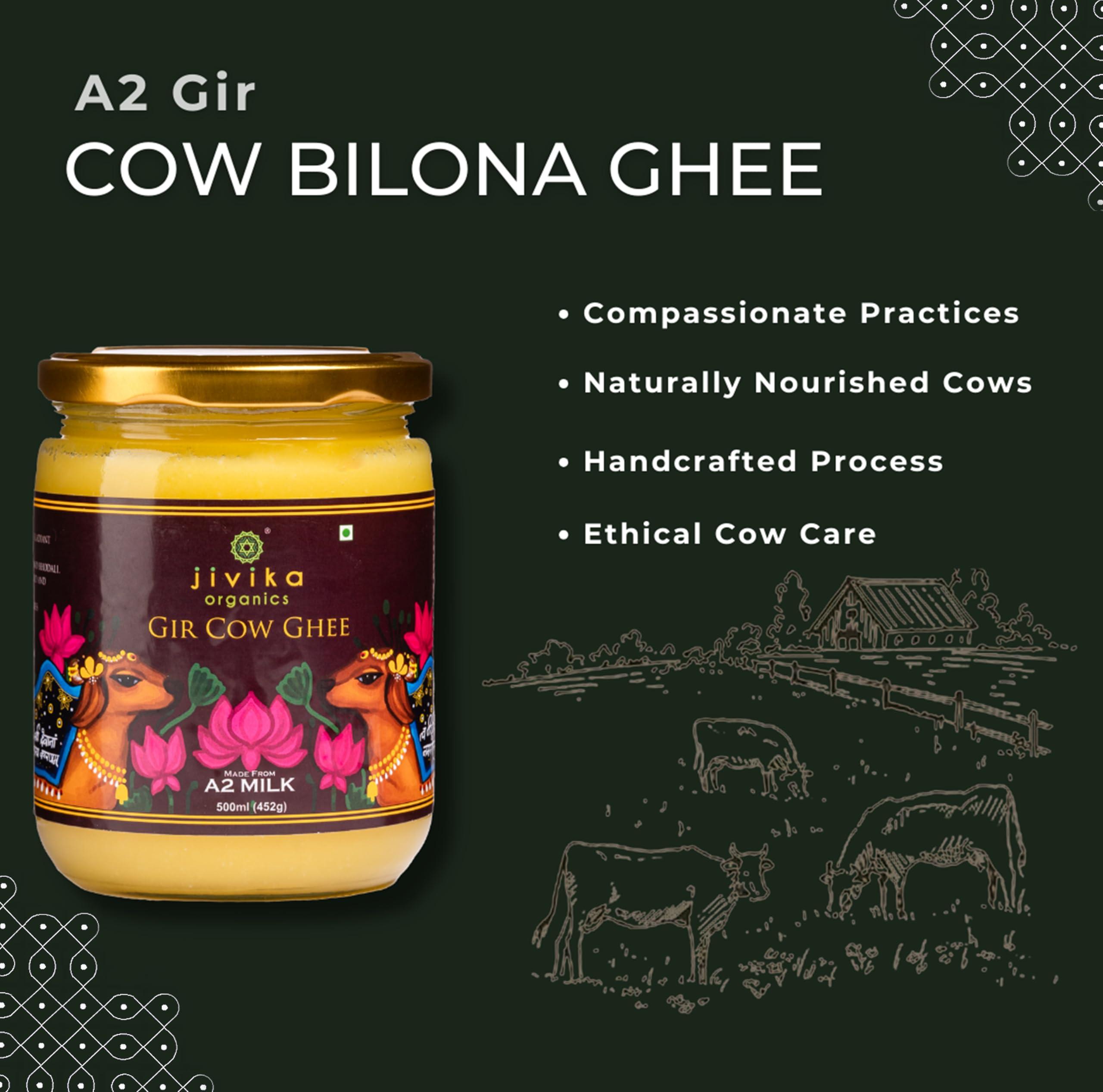 JIVIKA NATURALS Jivika Premium A2 Gir Cow Ghee 500ml | A2 Milk Tested | Vedic Bilona Method | Lab Tested | Pure Desi Cow Ghee | Hand Churned Two-way Direction | Churned from Curd | Pure Ghee | Danedar | Glass Jar