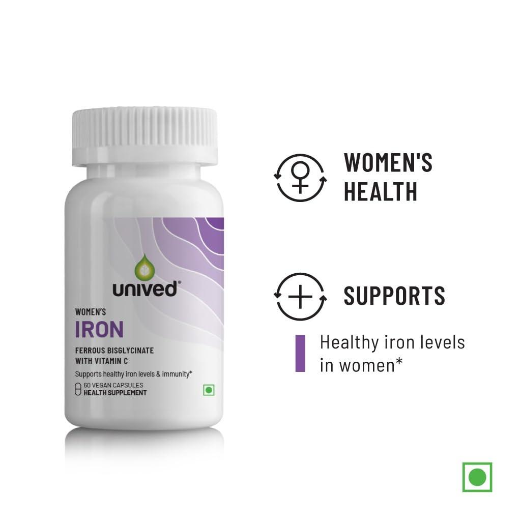 Unived Unived Women\'s Iron | Iron BisGlycinate Supplement for Women with Ferrous bisglycinate & Vitamin C for Optimal Absorption | Essential for Vegan & Veg Diets | Zinc Free | 60 Vegan Capsules