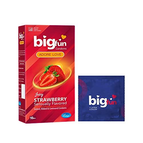 BIGFUN Bigfun Flavoured Dotted, Ribbed & Contoured Long Last Condoms For Men Count 10 - Total 30 Pcs (Juicy Strawberry, Pack of 3)