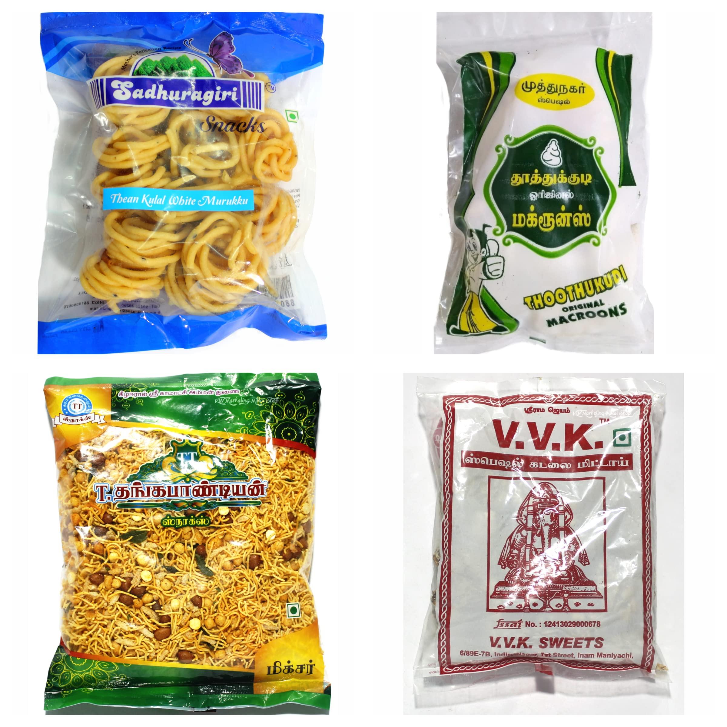 Thangapandiyan Thangapandiyan Special Mixture 250gm + Kovilpatti VVK Kadalai Mittai 250gm + Thoothukudi Original Macroon 100gm + Sadhuragiri Thenkuzhal Murukku 100gm ( 700 Grams)