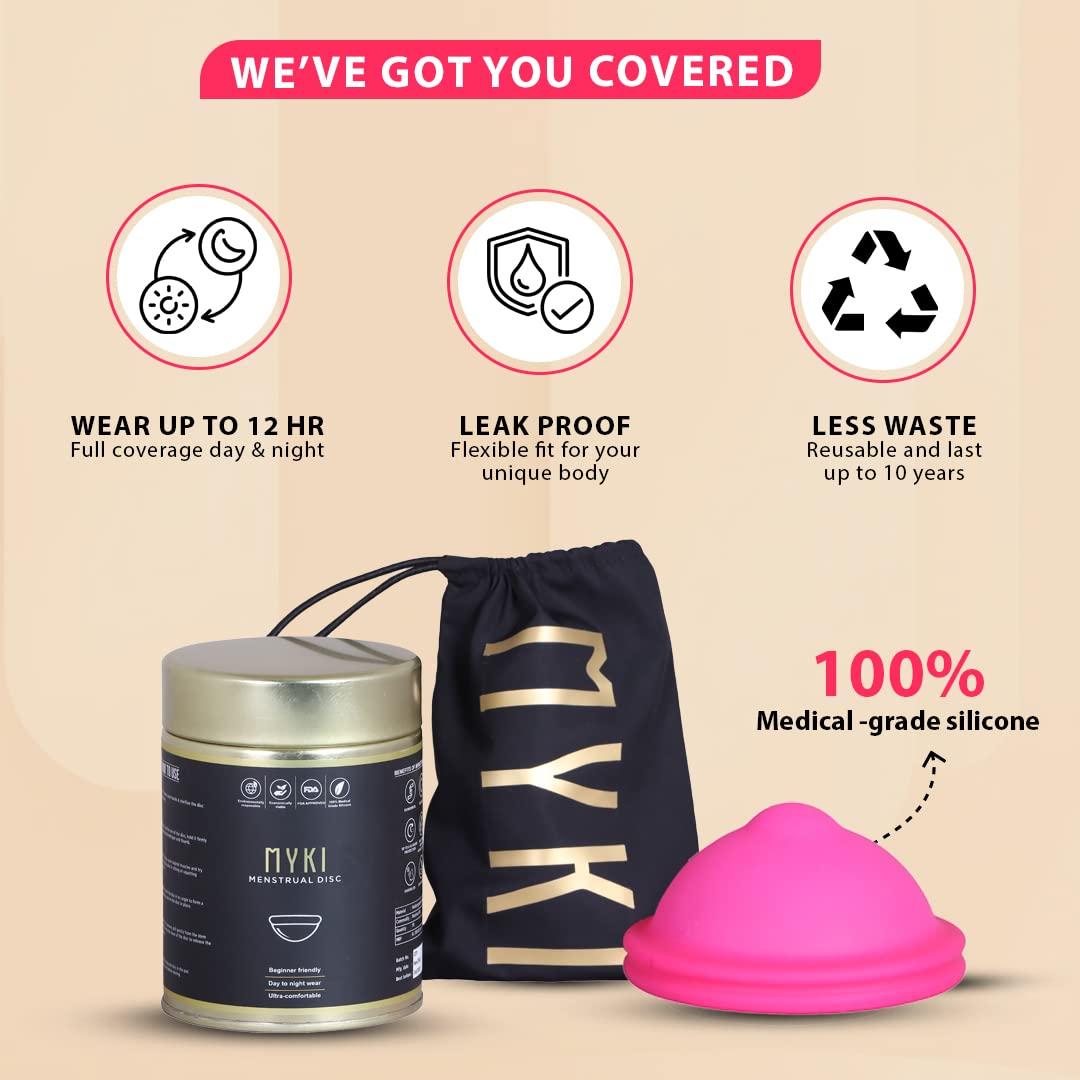 MYKI MYKI Perfect Soft Disc Reusable Menstrual Cup for Women Ultra Soft, Oduor and Rash Free 100% Medical Grade Silicone No Leakage Protection for Up to 8-10 Hours US FDA Registered Pink Size-Large