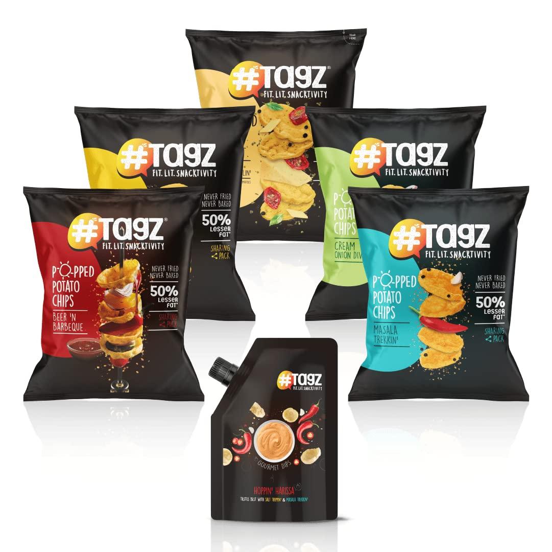 TagZ TAGZ Popped Potato Chips | Not Fried, Not Baked | No Cholesterol | Healthy Snack Pack of 5 Pouches + 1 Harissa Dip