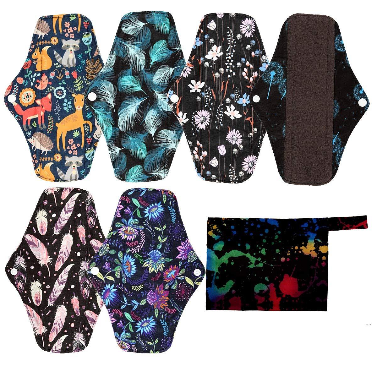 Hibaby 7pcs Set 1pc Mini Wet Bag +6pcs 10 Inch Regular Charcoal Bamboo Mama Cloth/Menstrual Pads/Reusable Sanitary Pads (Ink)