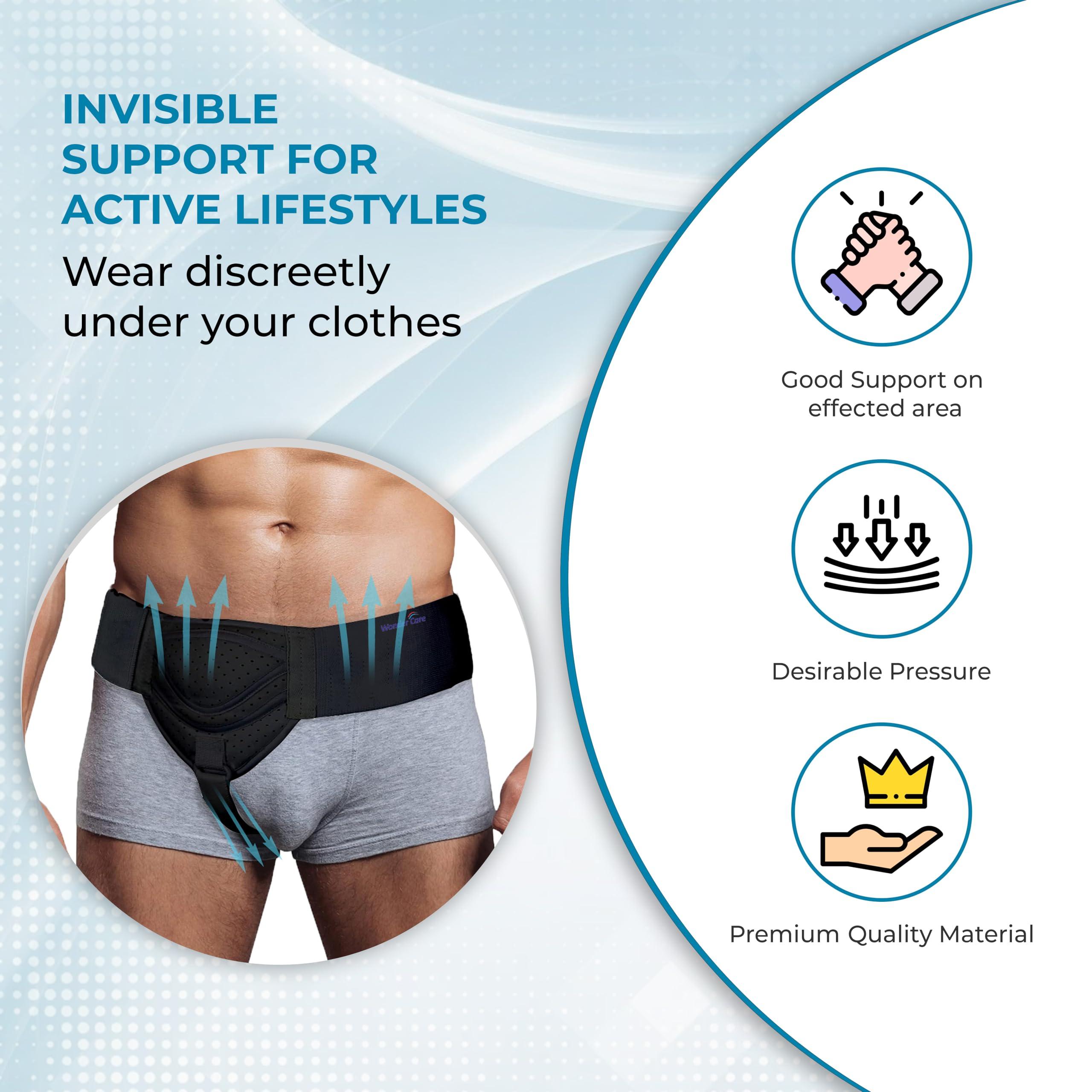 Wonder Care WC Hernia belt for men inguinal hernia support belt Pain Relief With Removable Compression Pads Groin hernia truss Flexible Adjustable Groin Straps Left or Right inguinal Hernia Truss Brace-S/M