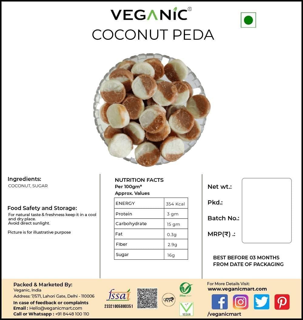Veganic Veganic Coconut Peda | No Preservative Real Coconut Toffee Candy | Kesari Badam Goli Soft & Chewy Nariyal Peda (400g)