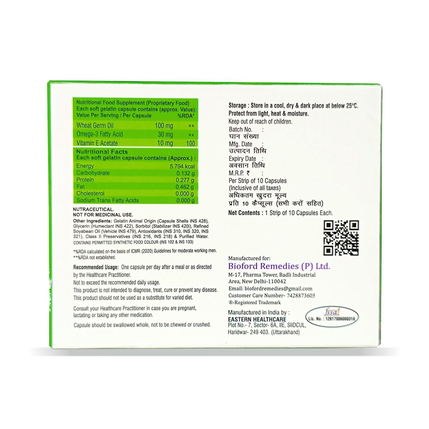 Bioford Bioford Evaford-E Rich Supplement of Omega 3 Fatty Acid and Vitamin E, Wheat Germ Oil for Better Heart, Improve Hair and Skin (10 Capsules)