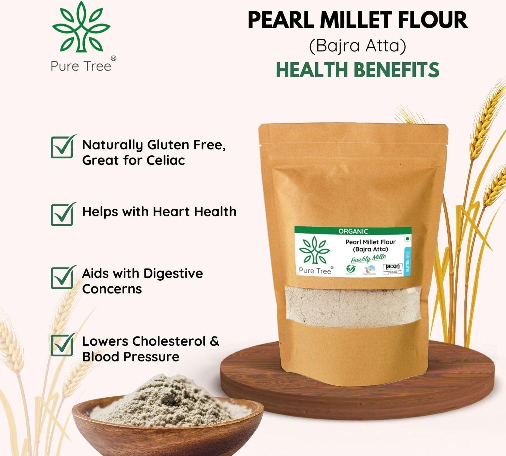 Pure Tree Pure Tree Certified Organic Bajra Flour Freshly Milled | 900 g | Bajra Atta | Gluten-Free Pearl Millet Organic Flour | Bajre Ka Atta | Millet Atta | Kambu Flour