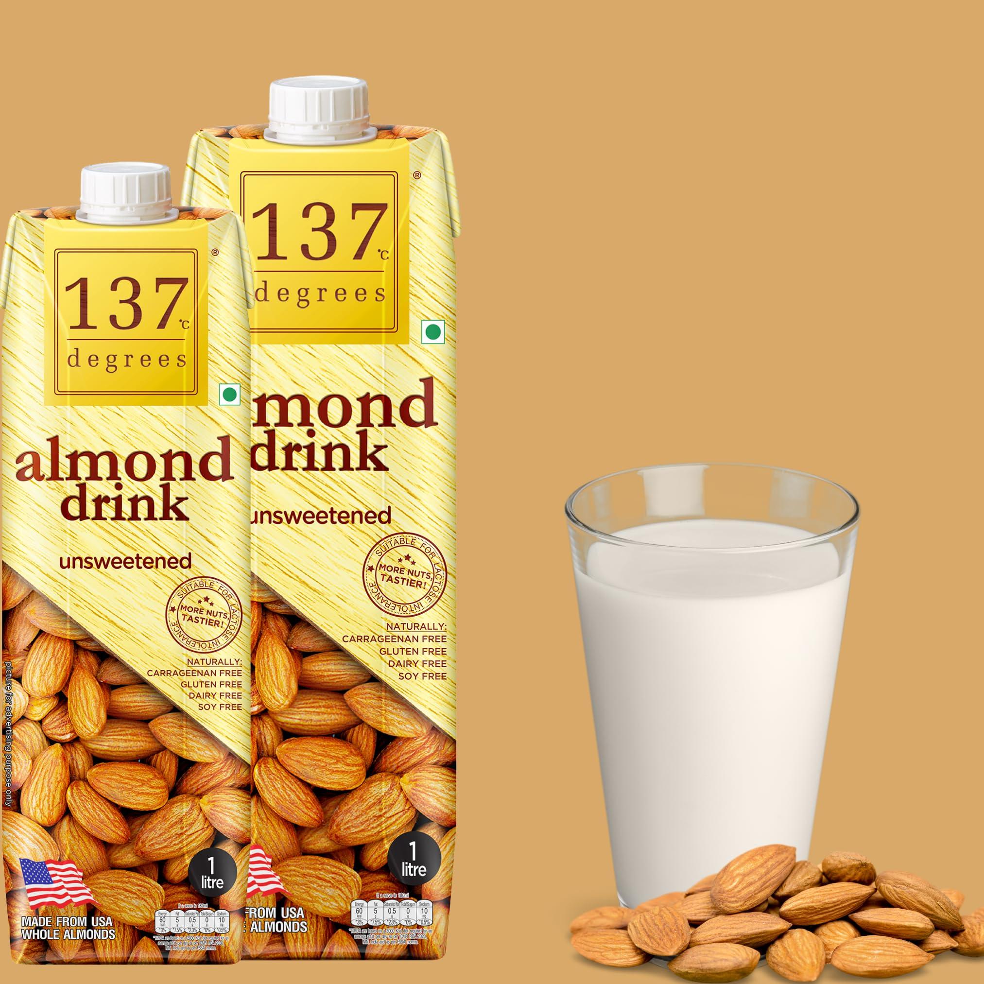 137 Degrees 137 Degrees Almond Drink Unsweetened | Lactose Free | Gluten Free | No Preservatives | Zero Cholesterol | Dairy Free| Source of Calcium & Vitamins - PACK OF 4 (1L Each)