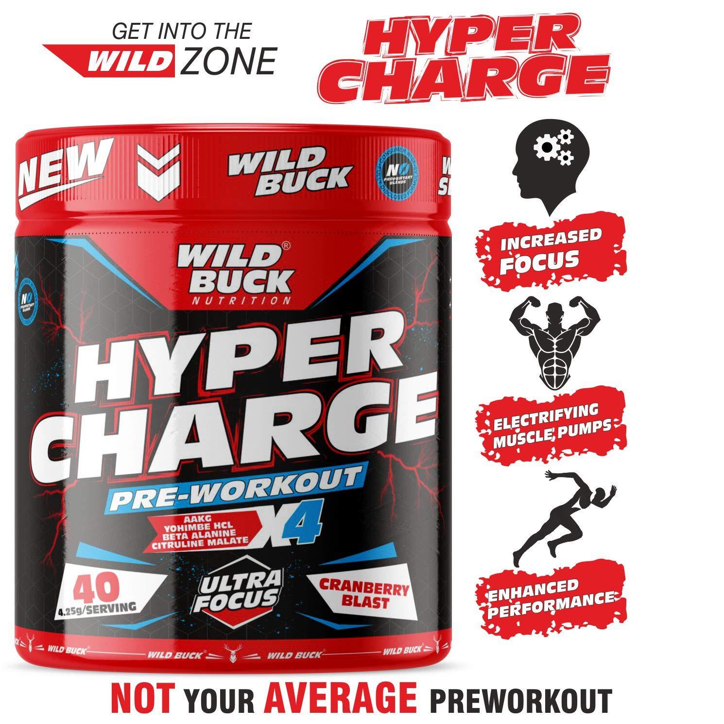 WILD BUCK WILD BUCK Hyper Charge Pre-X4 Hardcore Pre-Workout Supplement with Creatine Monohydrate, Arginine AAKG, Beta-Alanine, Explosive Muscle Pump -For Men & Women [40 Servings, Cranberry Blast] Free Shaker