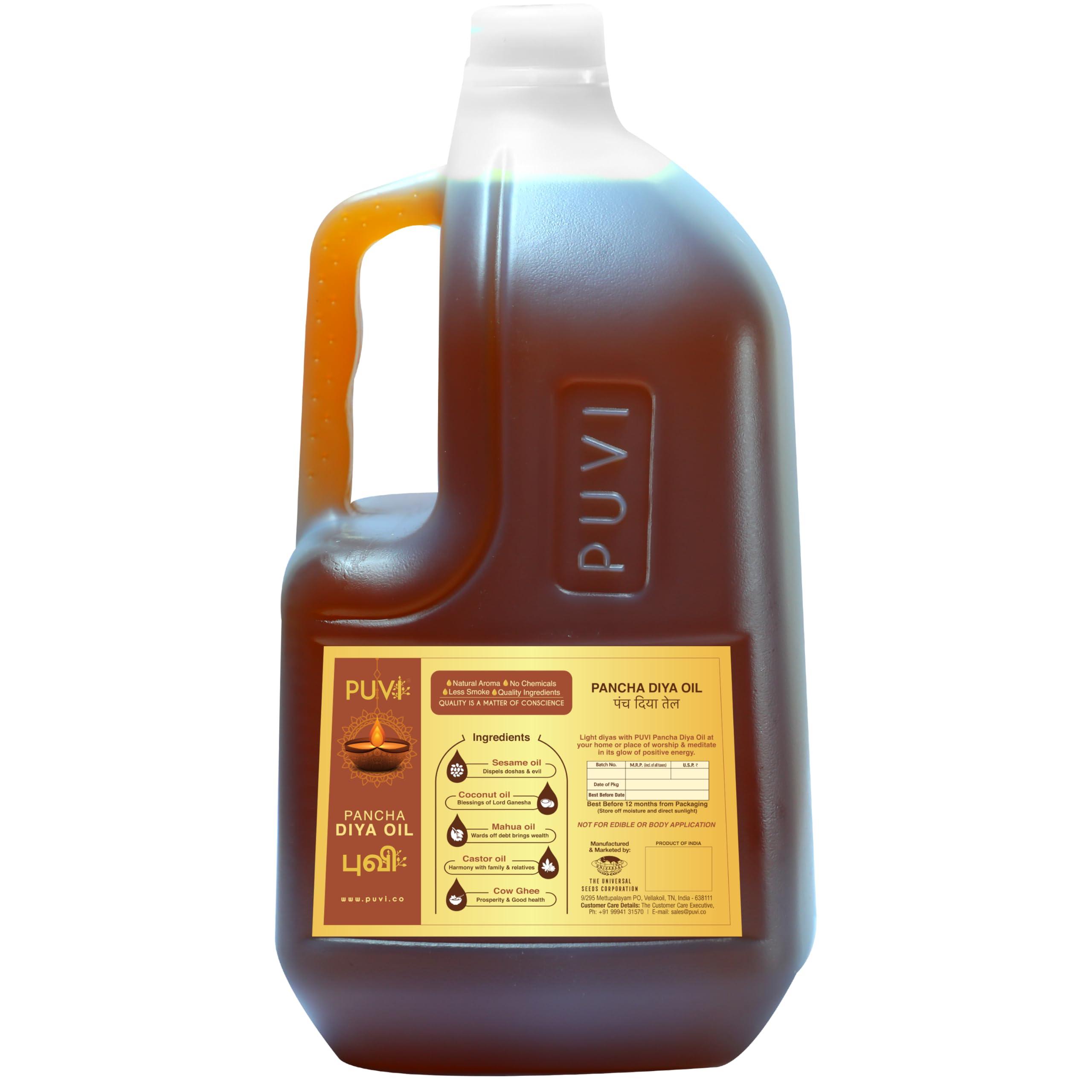 PUVI PUVI 5L Pancha Diya Oil/Lamp/Pooja/Deepam Oil | Chemical free | Unscented | Low soot | Blend of Sesame, Coconut, Castor, Mahua and Ghee (5 Ltr)