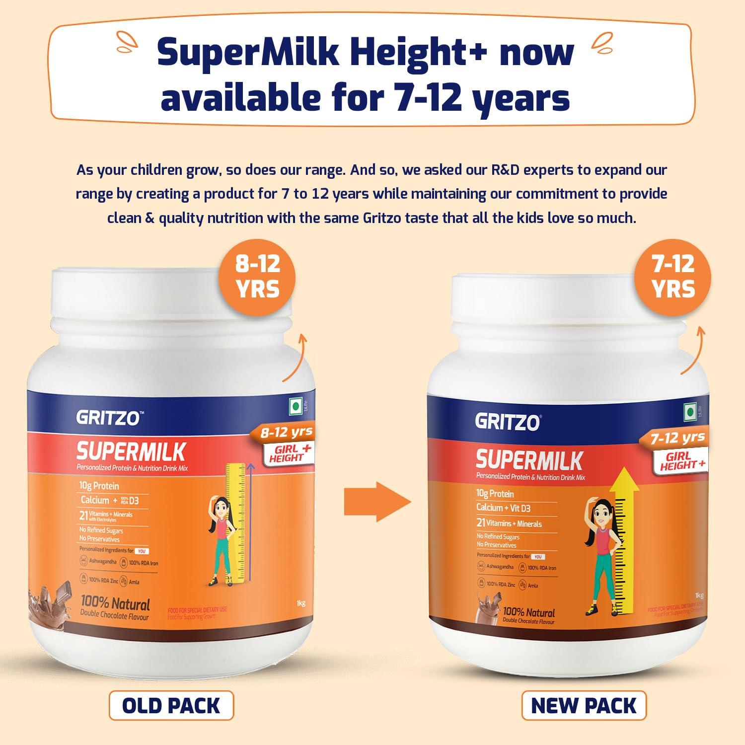 Gritzo Gritzo SuperMilk Height+ (7-12y Girls), 10g Protein Powder (Double Chocolate, 1kg) | Zero Refined Sugar, 21 Vitamins & Minerals
