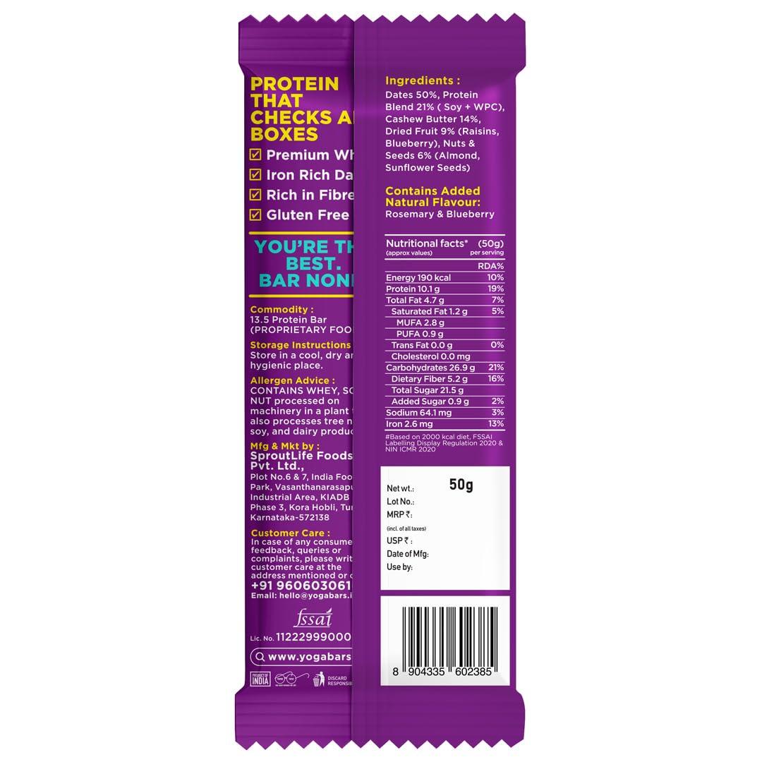 Yogabar Yogabar 10 grams Protein Bar, Protein Blend & Premium Whey,100% Veg High Protein Snacks, Rich Protein Bar with Date, Vitamins, Fiber, Energy & Immunity for Fitness, Blueberry