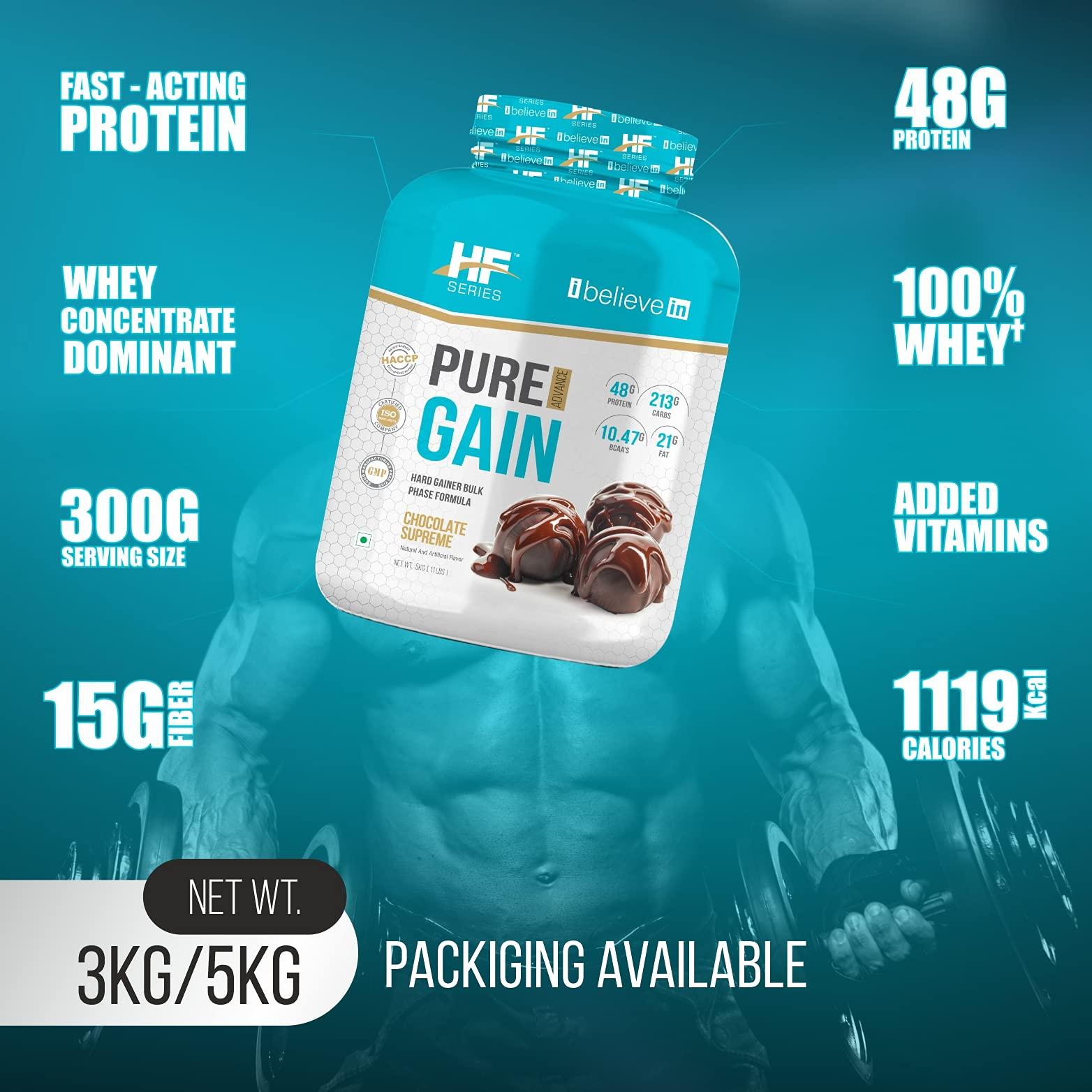 HF Series HF Series Pure Gain Mass Gainer Powder | High-Calorie | Weight Gainer Powder | 48g Protein | 11.01g BCAAs | 8.66g Glutamic Acid | Chocolate Supreme | 3kg / 6.6lbs