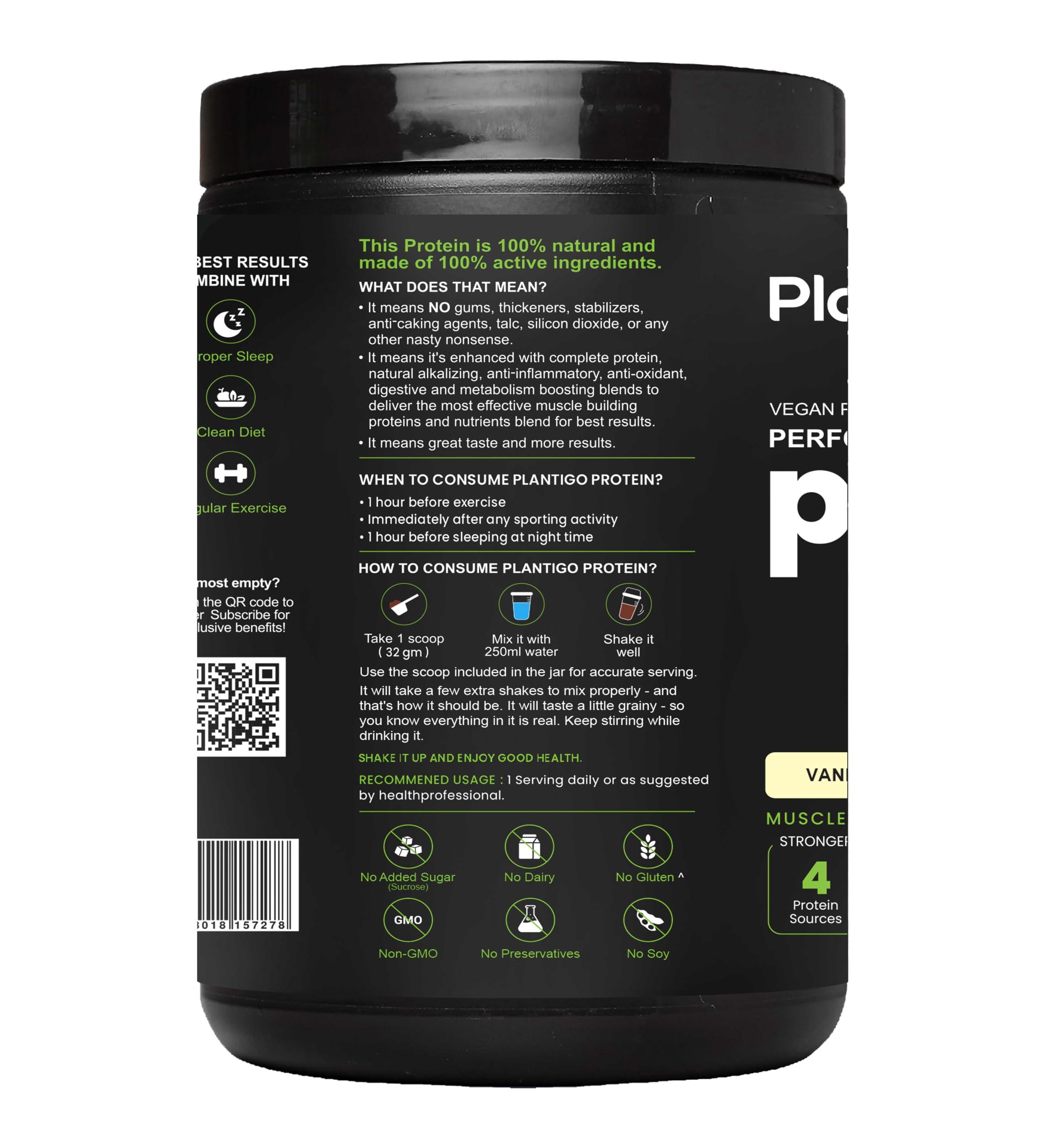 PLANTIGO Plantigo Protein Powder 24g Plant Based Protein, 3g BCAA, 2g Leucine, 3g Fiber, 4x Fast Digestion, 95% Bioavailability, 3x Anti Oxidants, Anti Inflammatory, Vitamins, Minerals - Vanilla Flavored 500g