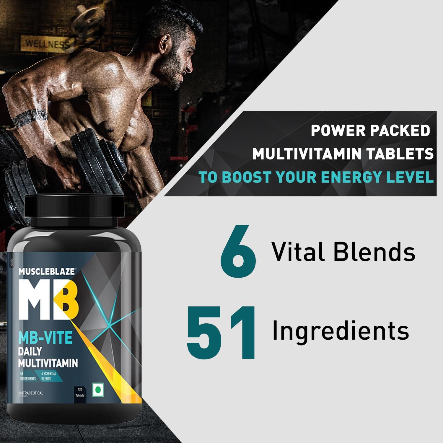 MuscleBlaze MuscleBlaze MB-Vite Daily Multivitamin (120 Tablets) | With 51 Ingredients & 6 Blends | Vitamins & Minerals, Prebiotic & Probiotics, Amino Acid Blends | For Energy, Stamina & Recovery
