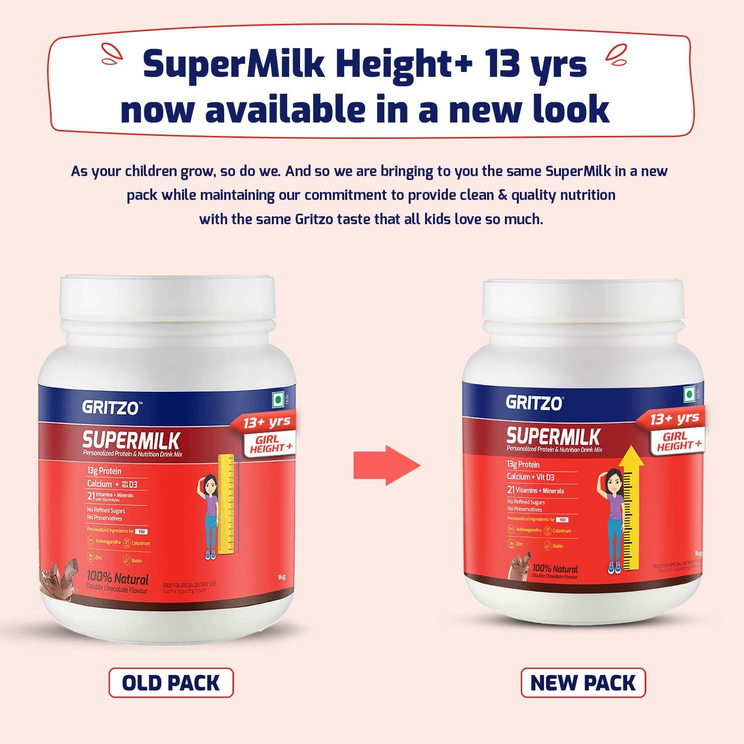 Gritzo Gritzo SuperMilk Height+ (13+y Girls), 13g Protein (Double Chocolate, 1kg) | Zero Refined Sugar, 21 Vitamins & Minerals