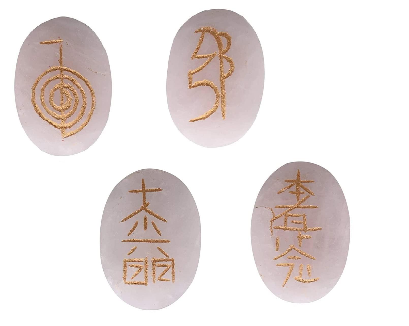 ASTROGHAR Astroghar Natural Rose Quartz 4 Reiki Symbols Engraved On Healing Oval Stones Set Usui Reiki Healing Set for Grid Making