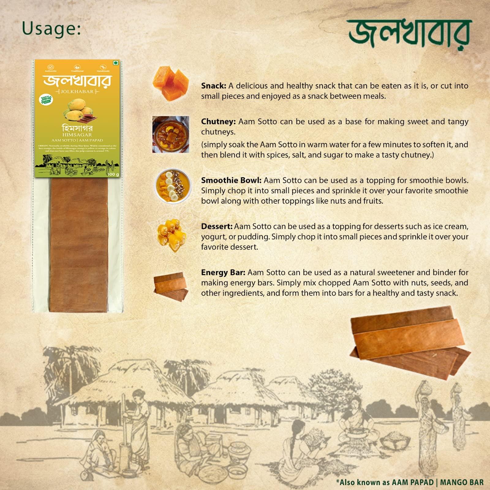 JOLKHABAR JOLKHABAR | HIMSAGAR - FAZLI AAM SOTTO Combo Pack | Himsagar - Fazli Mango Aam Papad | Aam Shotto | 100% Natural | Sundried | Authentic - Traditional - Handmade | Natural Sweetness of Mango | 200gm Pack (100gms each)