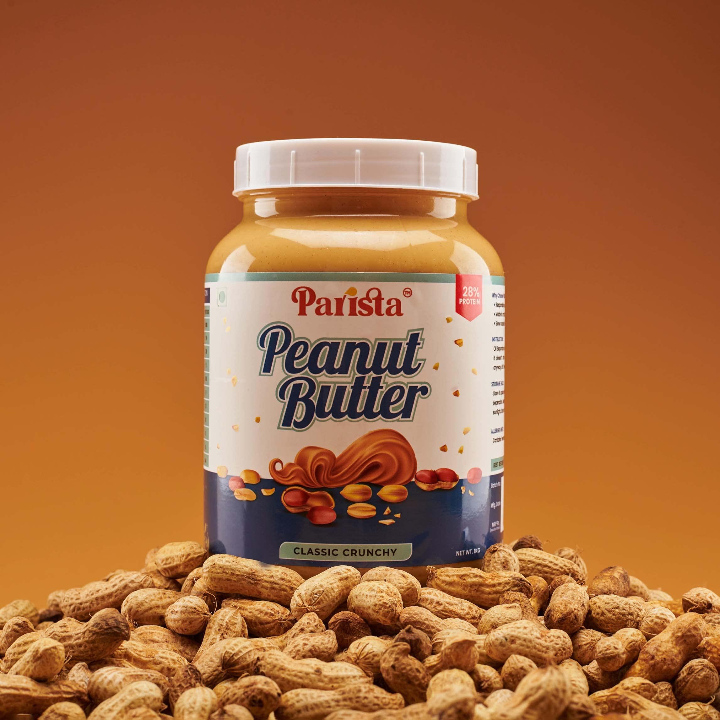 Parista Parista Classic Peanut Butter Crunchy (1 Kg) |High Protein | Super Crunchy | Gluten Free | No added oil | Cholesterol free | Vegan