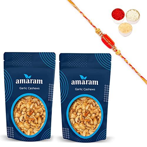 Amaram Amaram by Ghasitaram Rakhi Gifts for Brother - Pack of 2 Garlic Cashews 200 GMS with Beads Rakhi